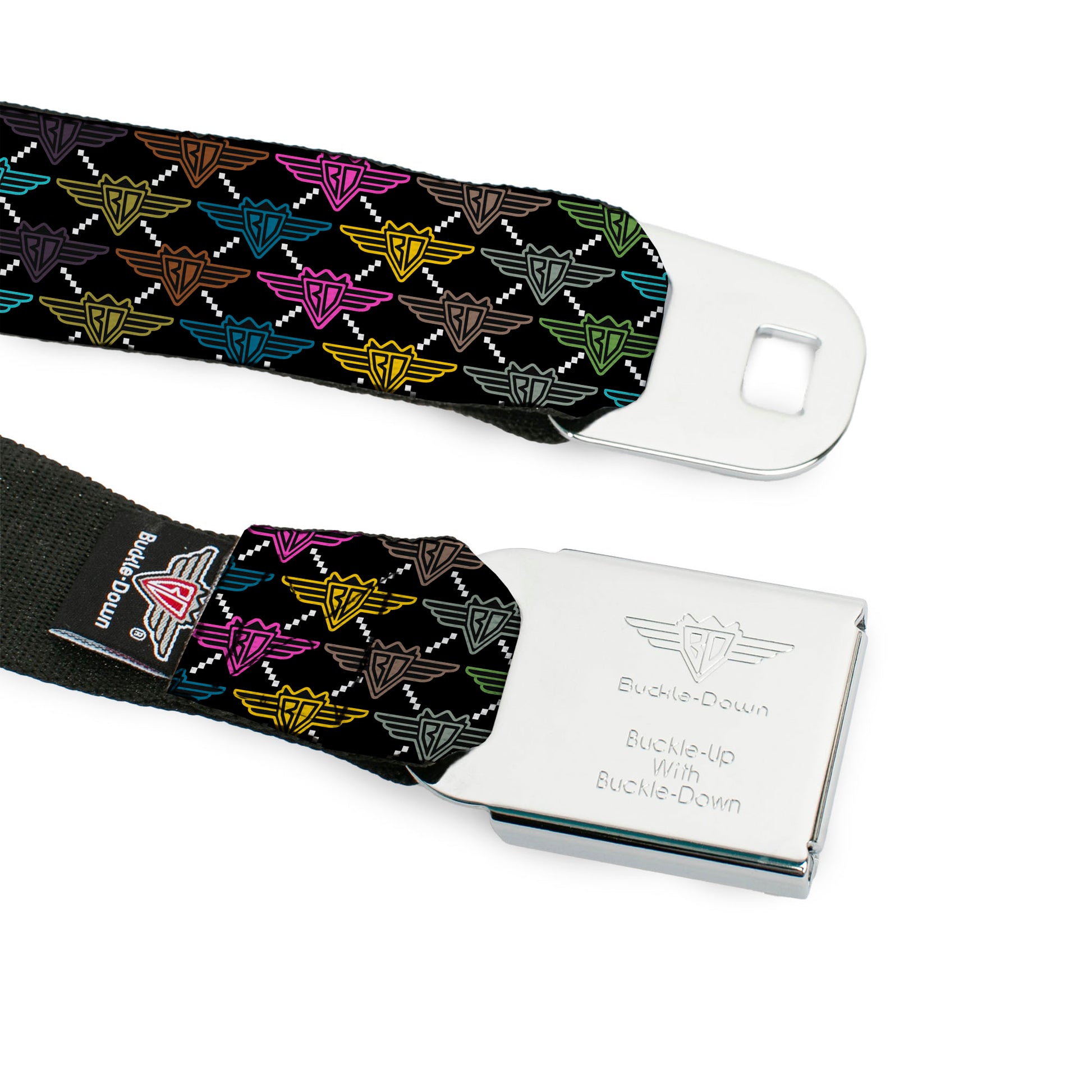 BD Wings Logo CLOSE-UP Full Color Black Silver Seatbelt Belt - BD Monogram Black/Multi Neon Webbing Seatbelt Belts Buckle-Down