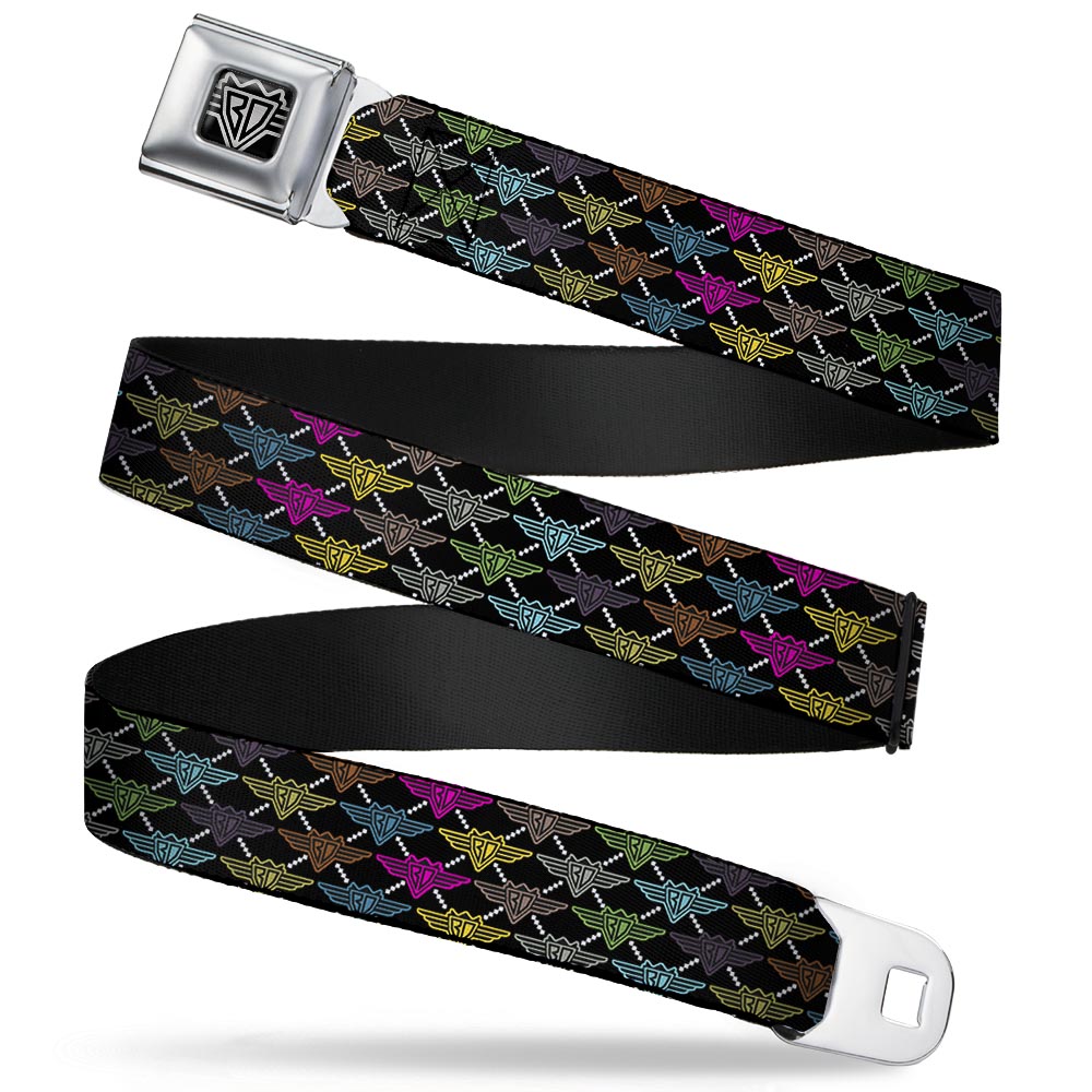 BD Wings Logo CLOSE-UP Full Color Black Silver Seatbelt Belt - BD Monogram Black/Multi Neon Webbing Seatbelt Belts Buckle-Down