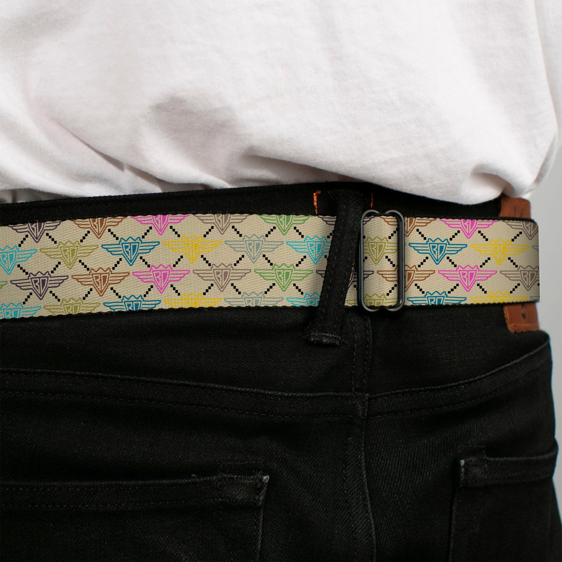 BD Wings Logo CLOSE-UP Full Color Black Silver Seatbelt Belt - BD Monogram Tan/Multi Neon Webbing Seatbelt Belts Buckle-Down