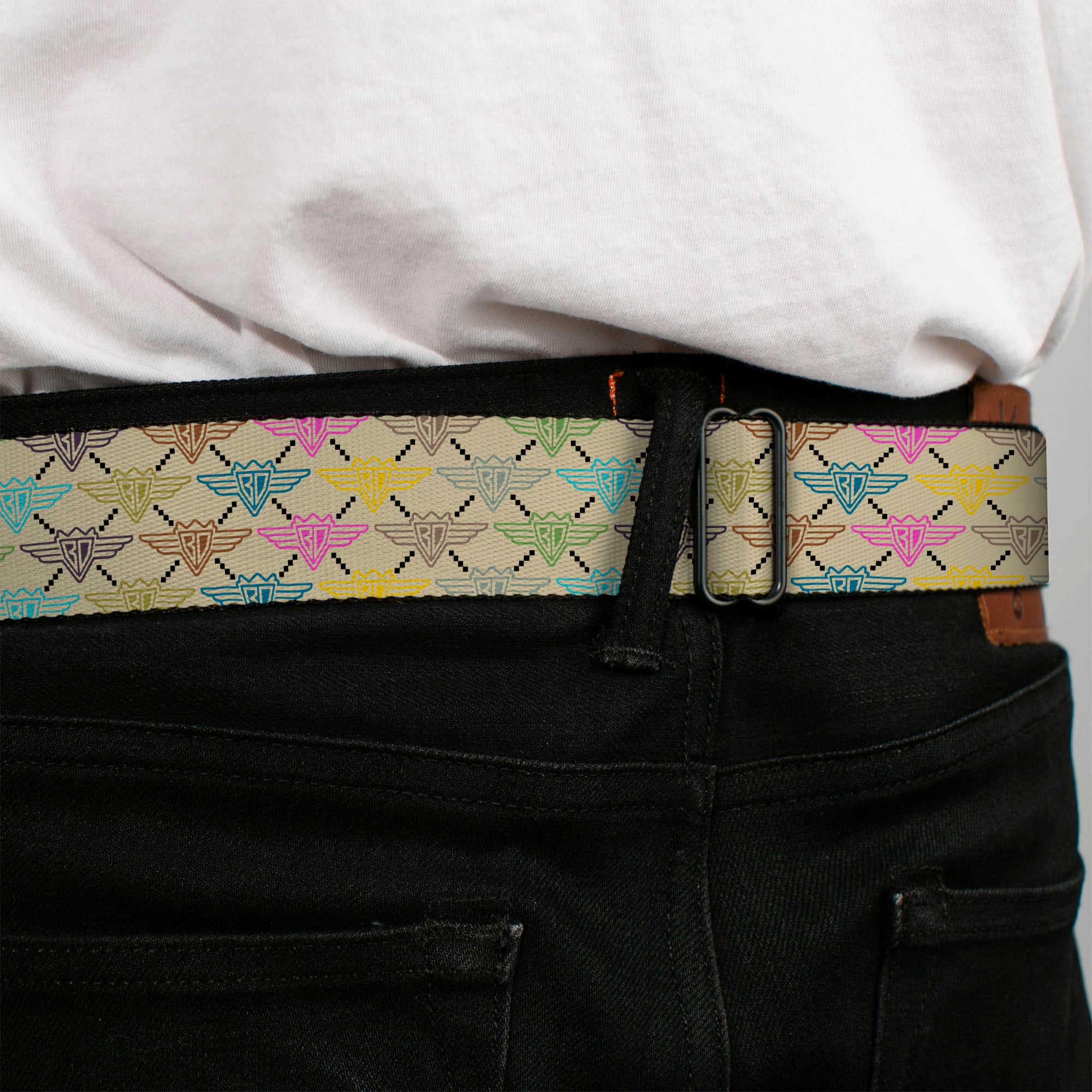 BD Wings Logo CLOSE-UP Full Color Black Silver Seatbelt Belt - BD Monogram Tan/Multi Neon Webbing Seatbelt Belts Buckle-Down