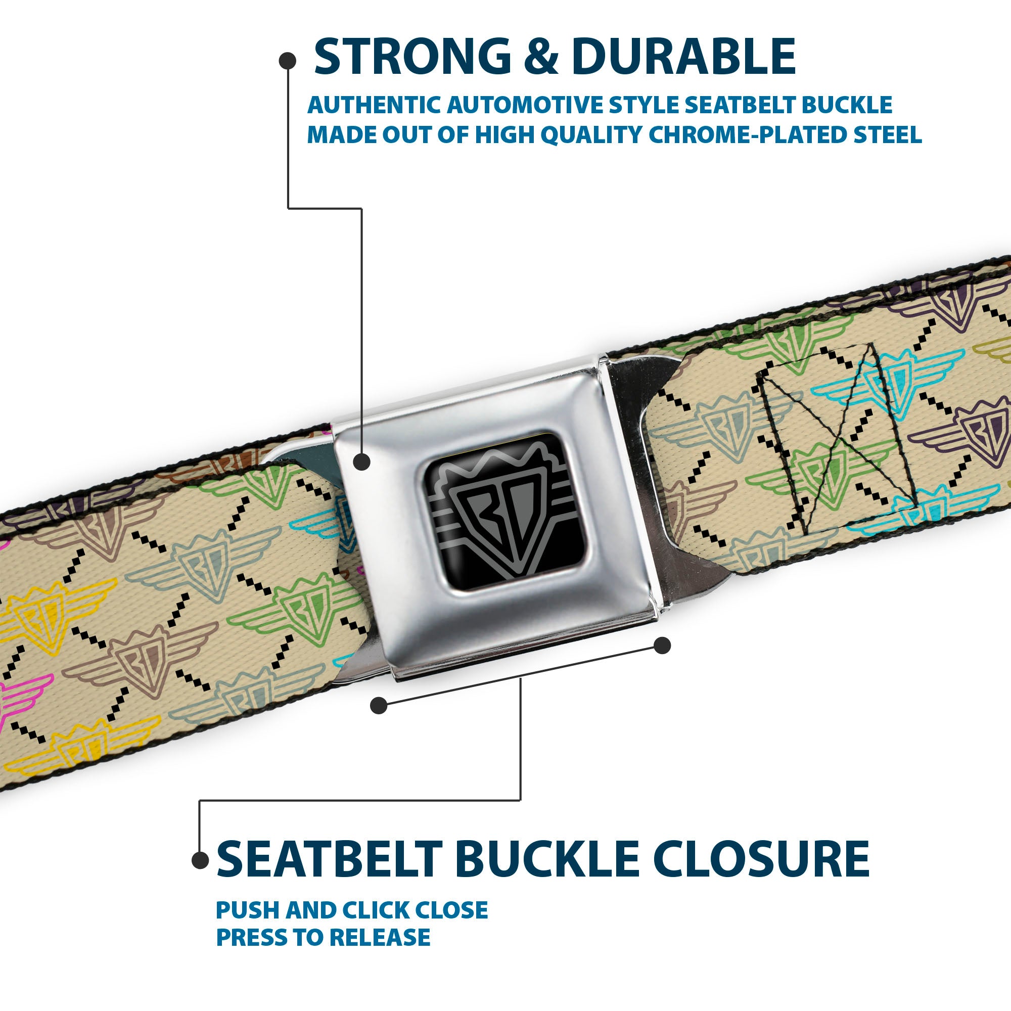 BD Wings Logo CLOSE-UP Full Color Black Silver Seatbelt Belt - BD Monogram Tan/Multi Neon Webbing Seatbelt Belts Buckle-Down