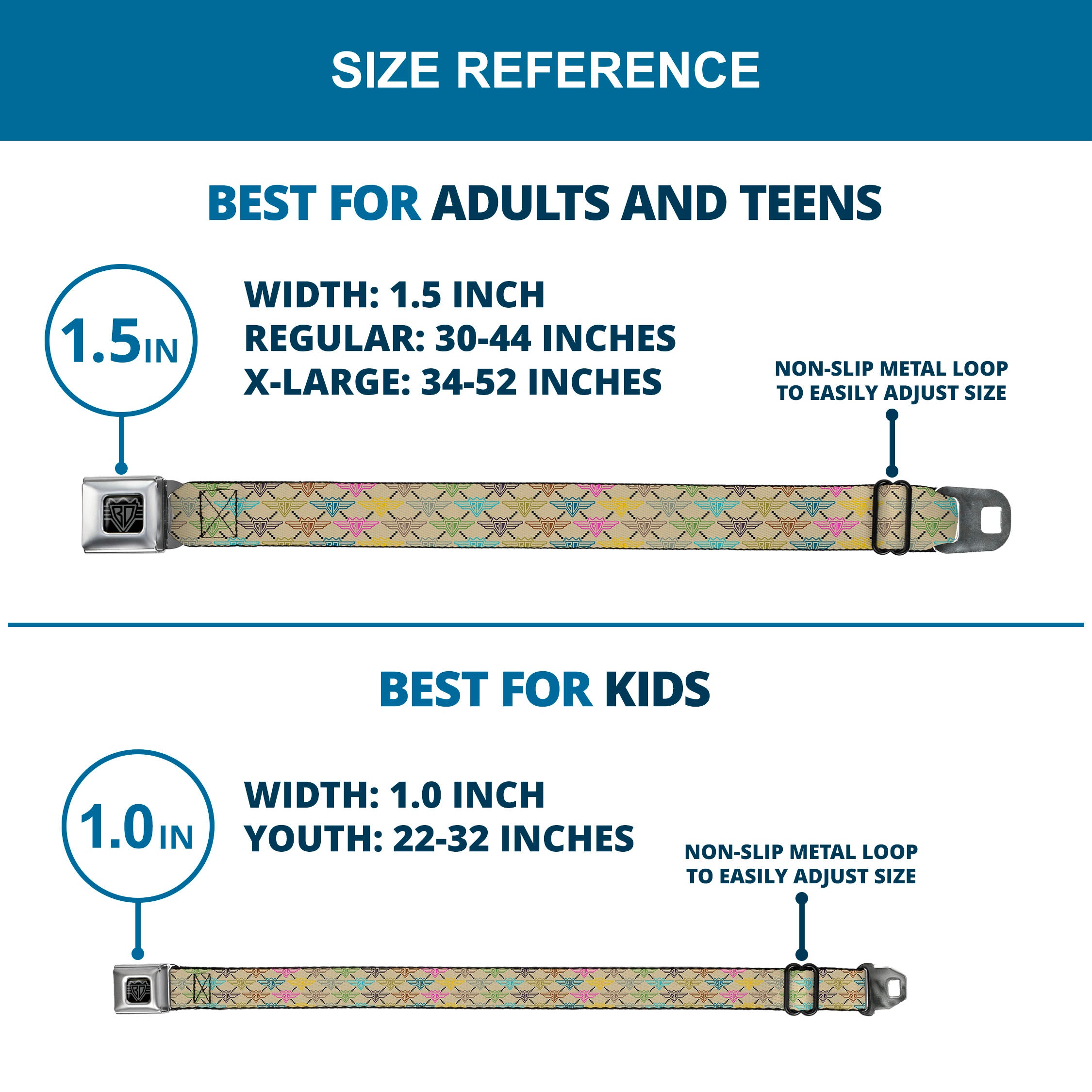 BD Wings Logo CLOSE-UP Full Color Black Silver Seatbelt Belt - BD Monogram Tan/Multi Neon Webbing Seatbelt Belts Buckle-Down