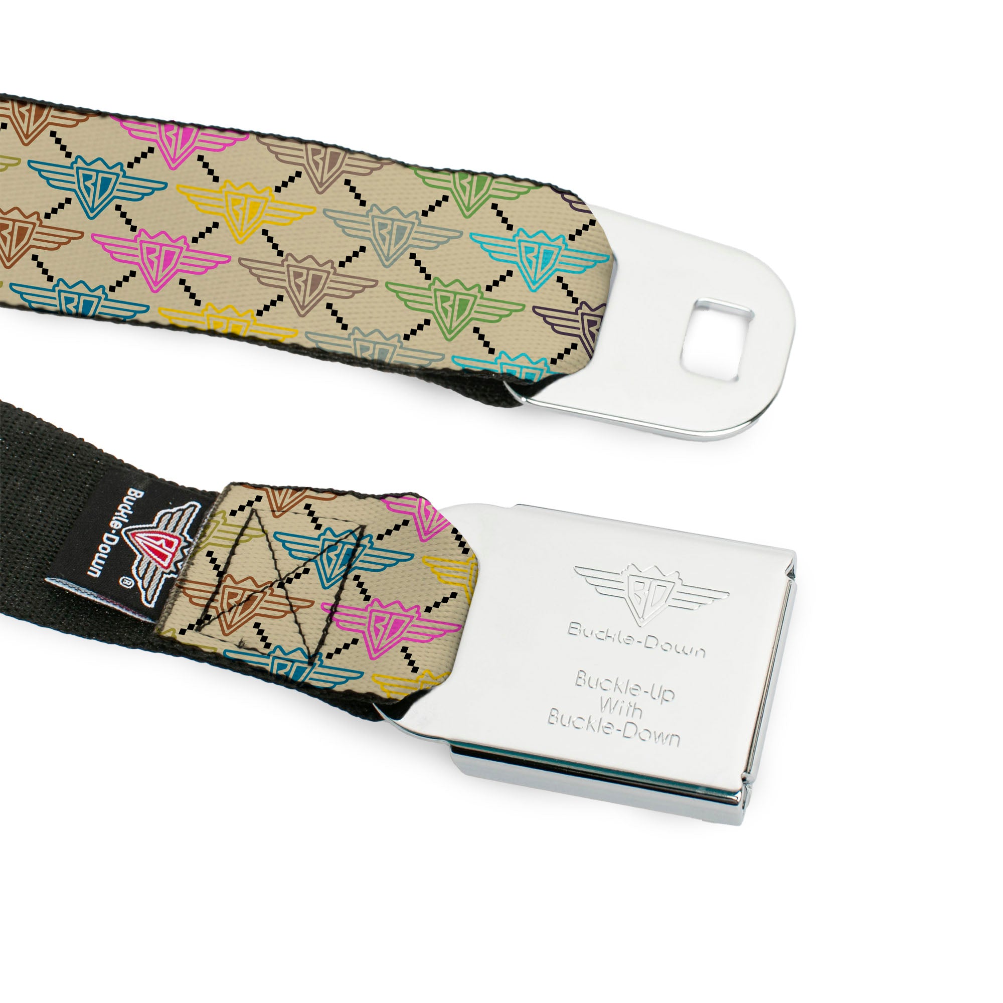 BD Wings Logo CLOSE-UP Full Color Black Silver Seatbelt Belt - BD Monogram Tan/Multi Neon Webbing Seatbelt Belts Buckle-Down