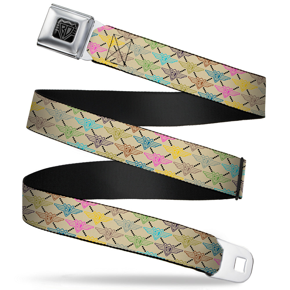 BD Wings Logo CLOSE-UP Full Color Black Silver Seatbelt Belt - BD Monogram Tan/Multi Neon Webbing Seatbelt Belts Buckle-Down