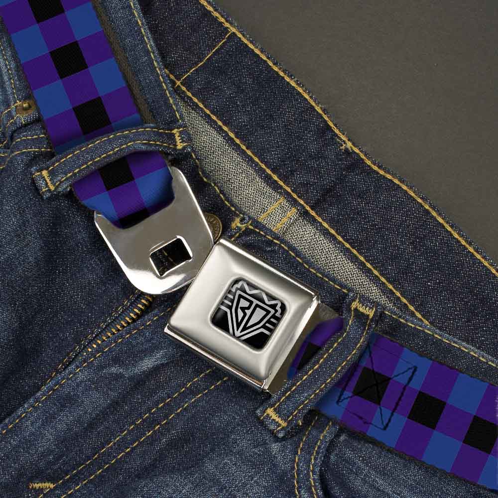 BD Wings Logo CLOSE-UP Full Color Black Silver Seatbelt Belt - Buffalo Plaid Black/Blue Webbing Seatbelt Belts Buckle-Down