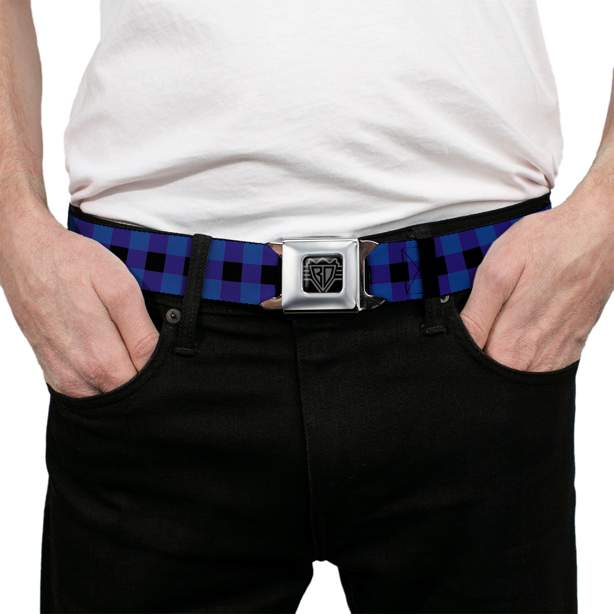 BD Wings Logo CLOSE-UP Full Color Black Silver Seatbelt Belt - Buffalo Plaid Black/Blue Webbing Seatbelt Belts Buckle-Down