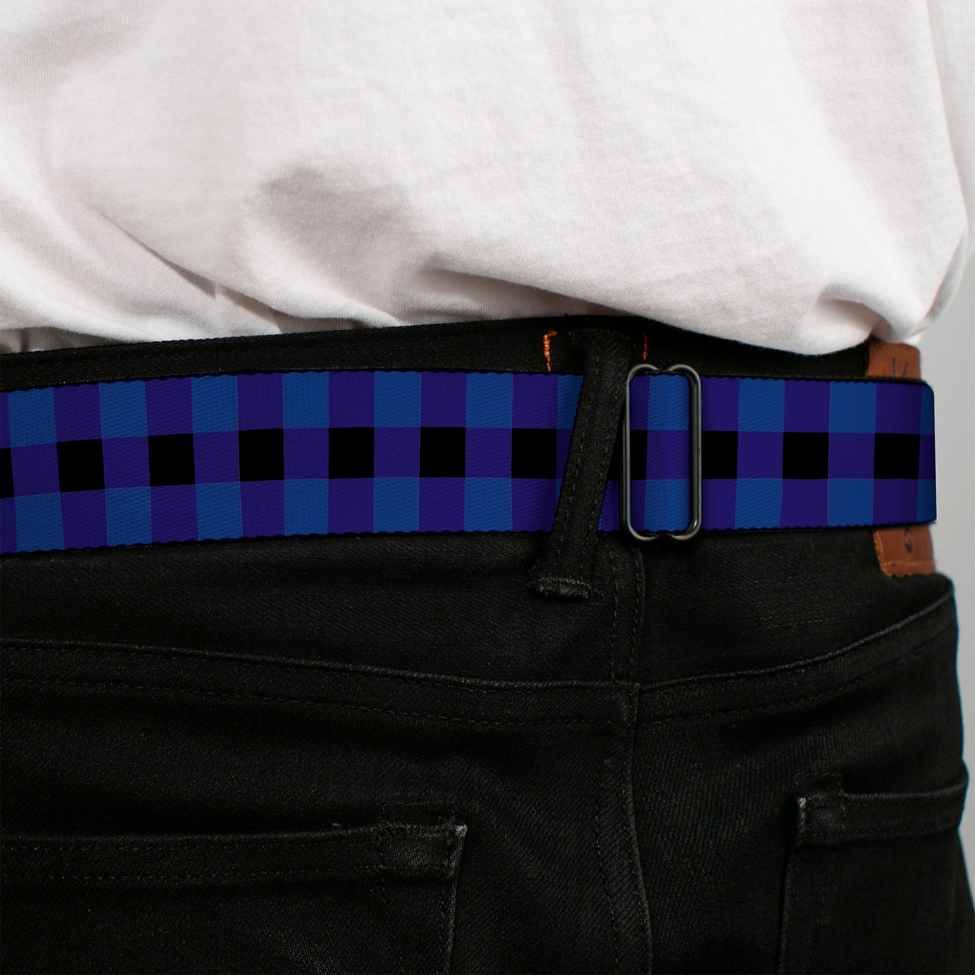 BD Wings Logo CLOSE-UP Full Color Black Silver Seatbelt Belt - Buffalo Plaid Black/Blue Webbing Seatbelt Belts Buckle-Down