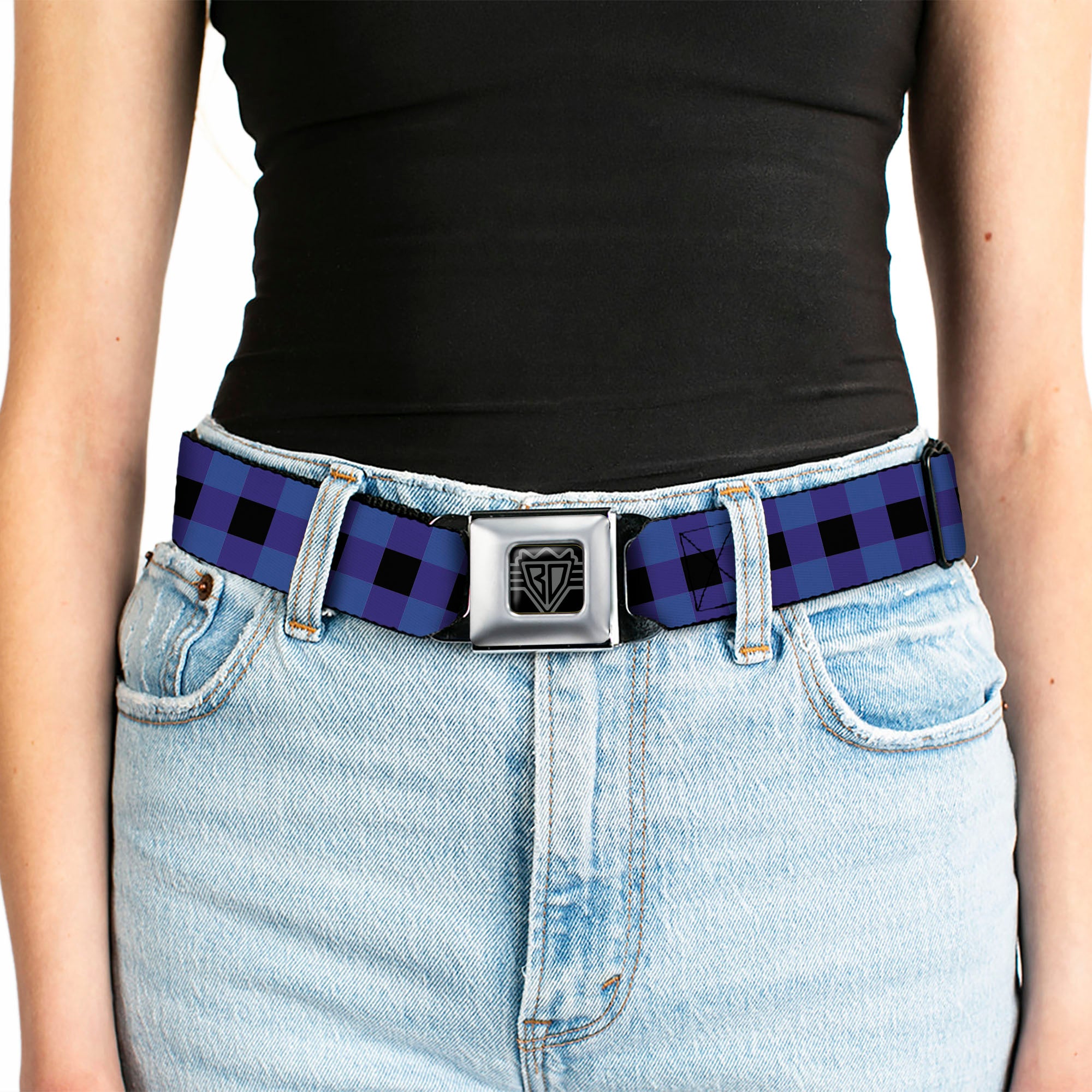 BD Wings Logo CLOSE-UP Full Color Black Silver Seatbelt Belt - Buffalo Plaid Black/Blue Webbing Seatbelt Belts Buckle-Down