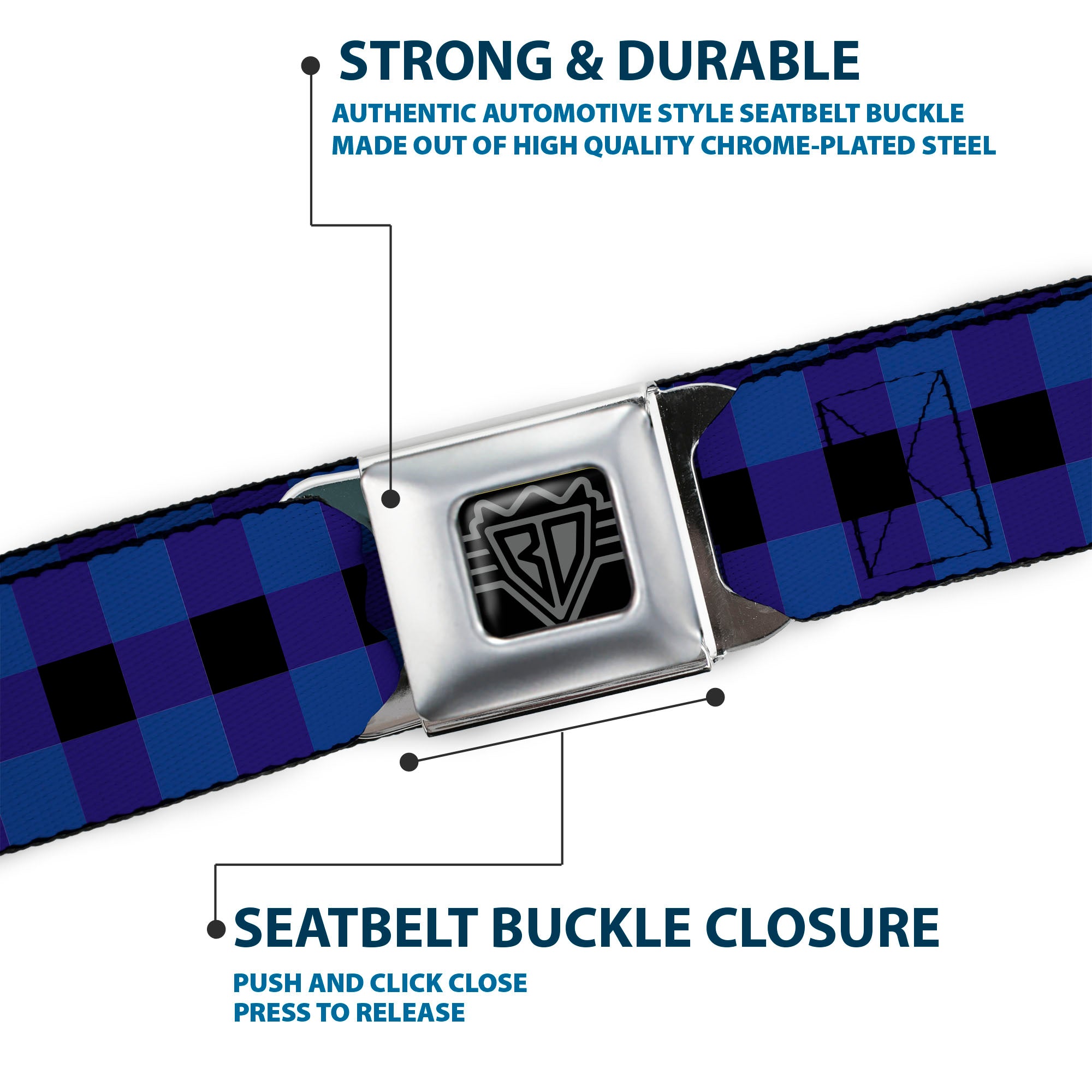 BD Wings Logo CLOSE-UP Full Color Black Silver Seatbelt Belt - Buffalo Plaid Black/Blue Webbing Seatbelt Belts Buckle-Down