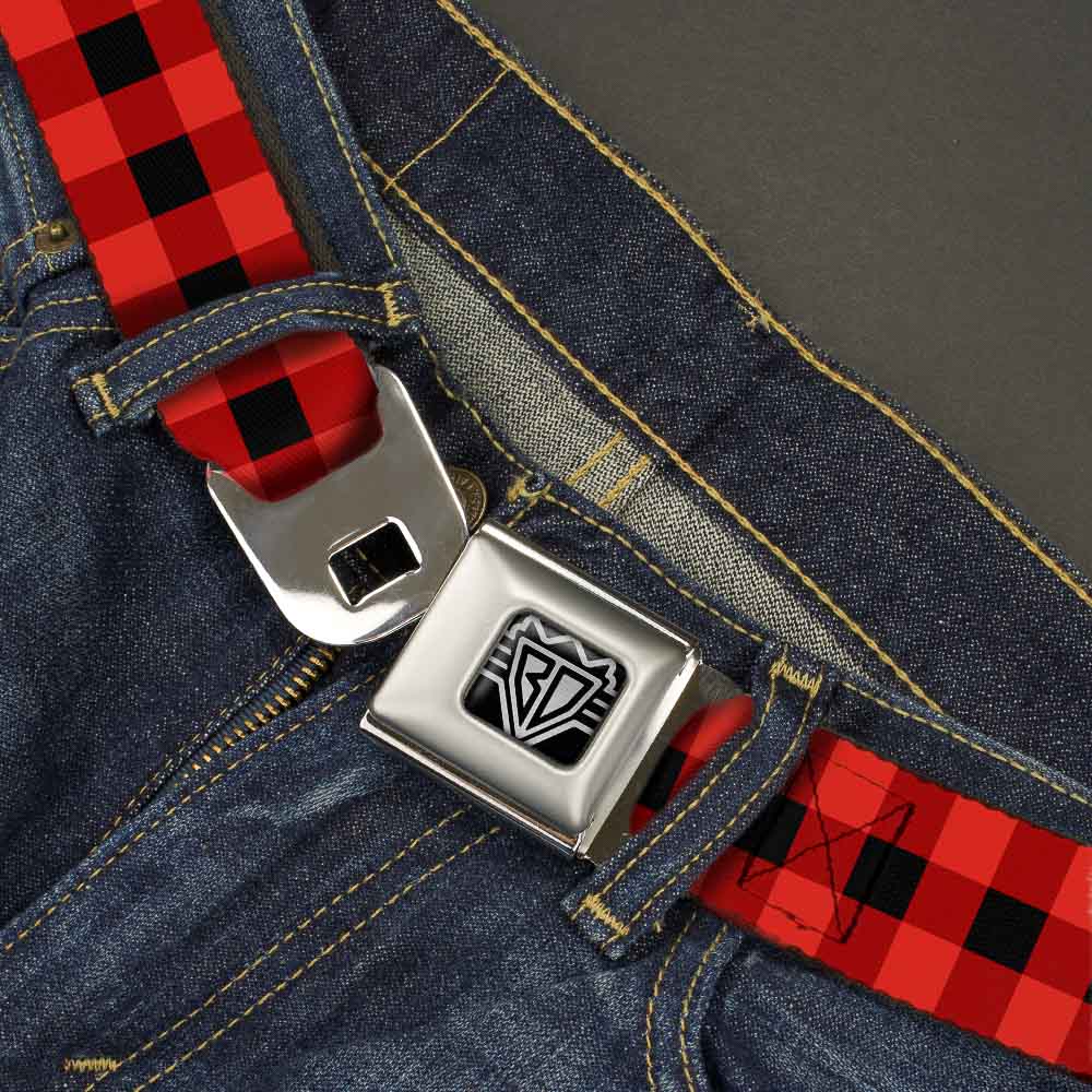 BD Wings Logo CLOSE-UP Full Color Black Silver Seatbelt Belt - Buffalo Plaid Black/Red Webbing Seatbelt Belts Buckle-Down