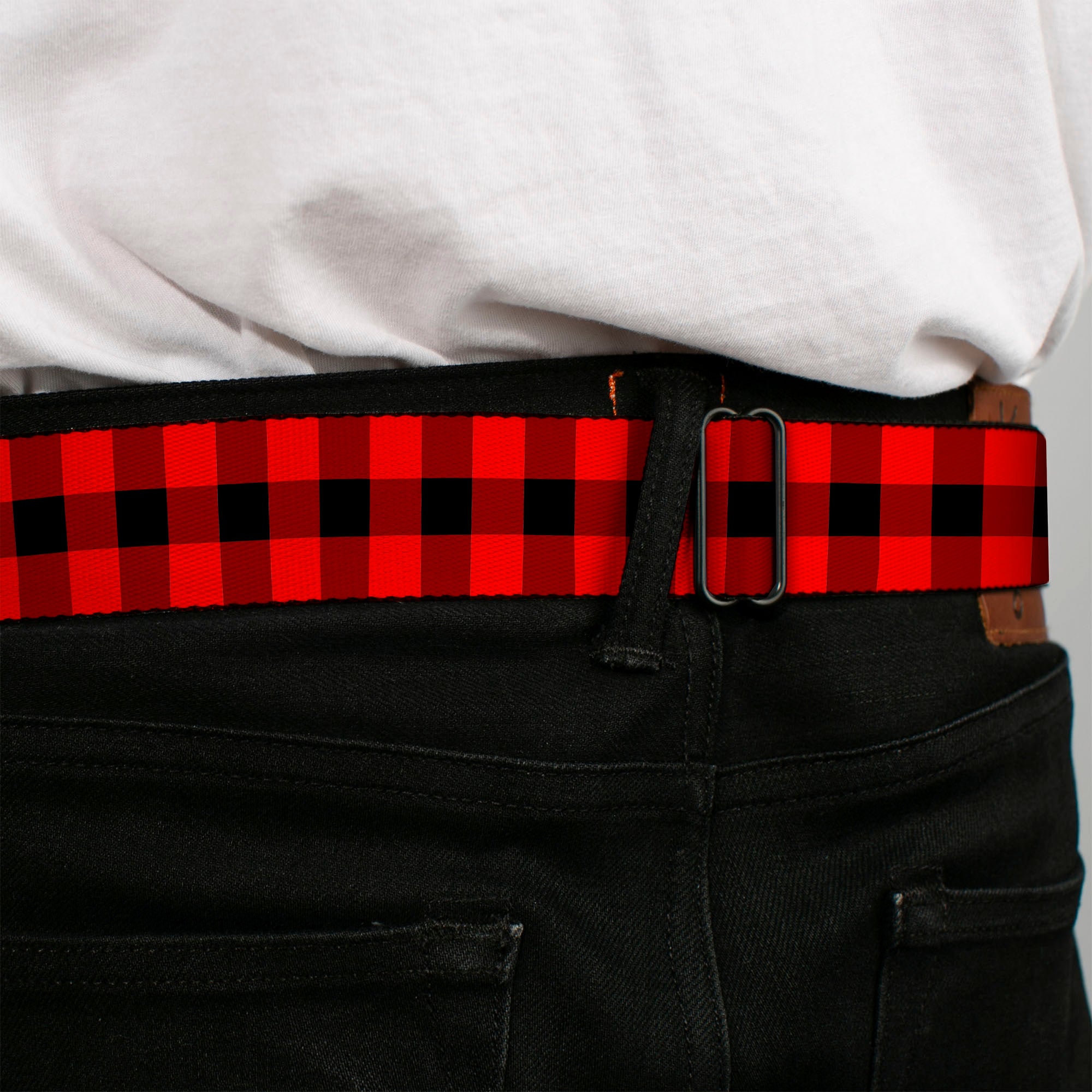 BD Wings Logo CLOSE-UP Full Color Black Silver Seatbelt Belt - Buffalo Plaid Black/Red Webbing Seatbelt Belts Buckle-Down