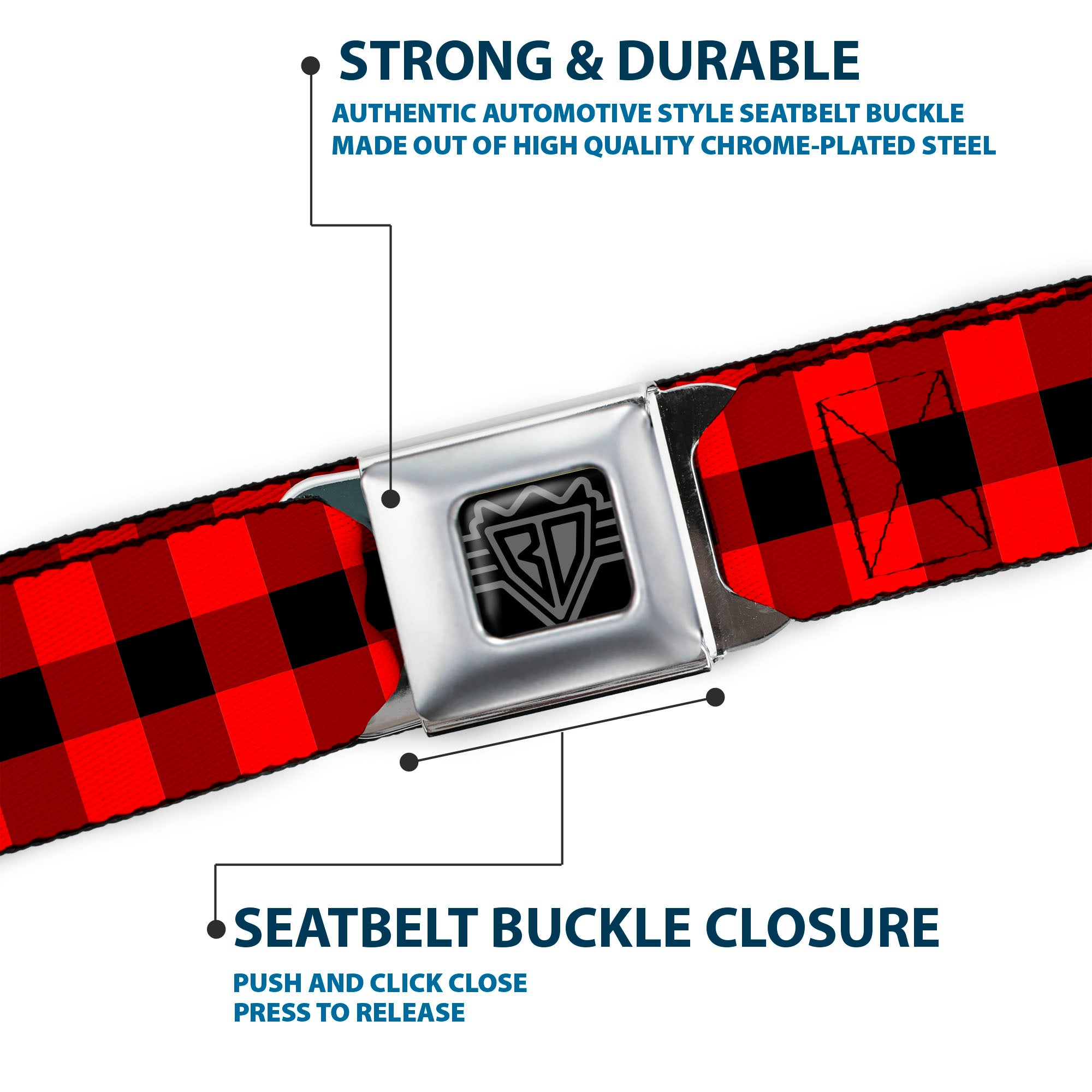 BD Wings Logo CLOSE-UP Full Color Black Silver Seatbelt Belt - Buffalo Plaid Black/Red Webbing Seatbelt Belts Buckle-Down