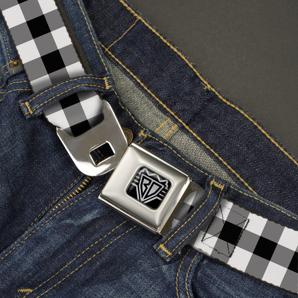 BD Wings Logo CLOSE-UP Full Color Black Silver Seatbelt Belt - Buffalo Plaid Black/White Webbing Seatbelt Belts Buckle-Down