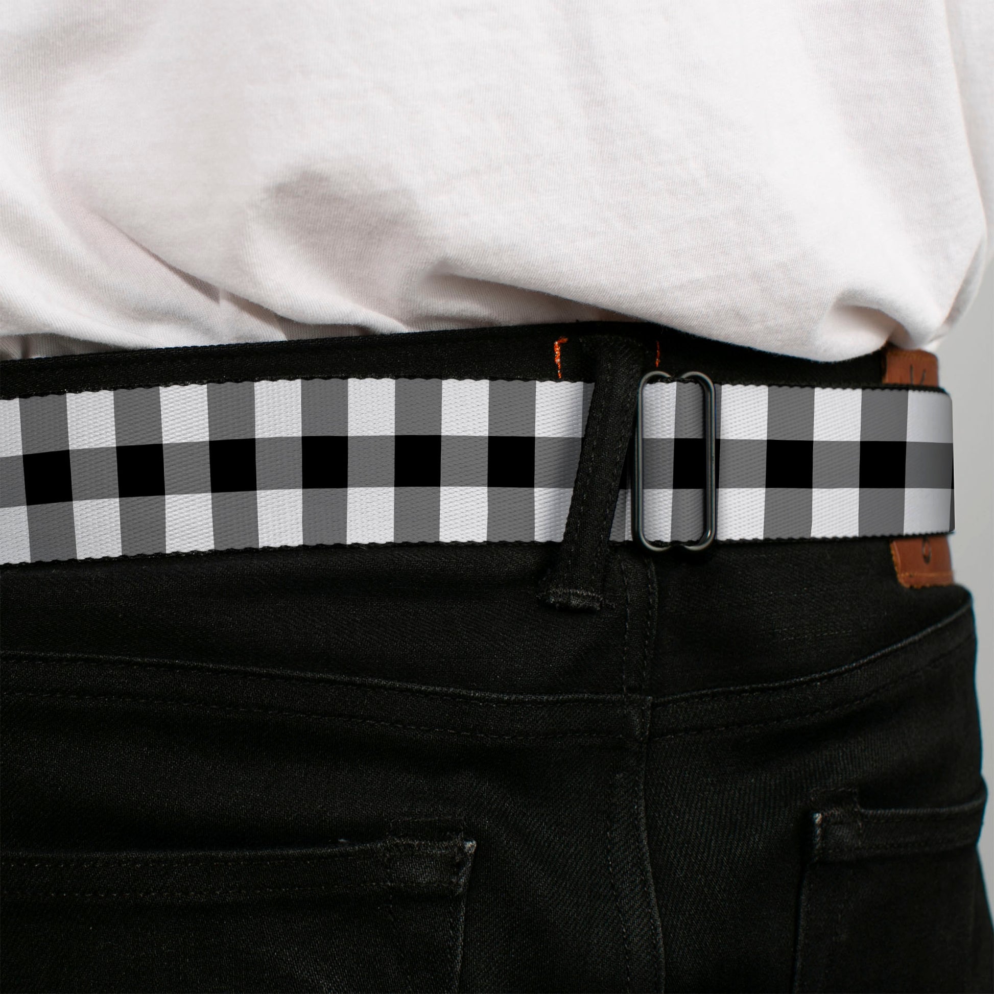 BD Wings Logo CLOSE-UP Full Color Black Silver Seatbelt Belt - Buffalo Plaid Black/White Webbing Seatbelt Belts Buckle-Down