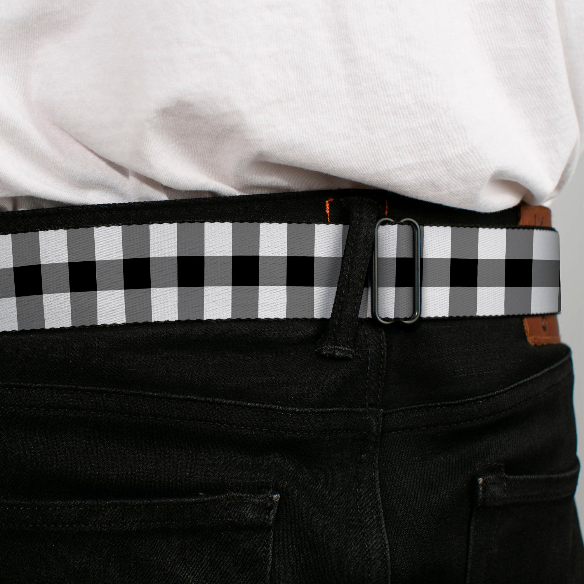 BD Wings Logo CLOSE-UP Full Color Black Silver Seatbelt Belt - Buffalo Plaid Black/White Webbing Seatbelt Belts Buckle-Down