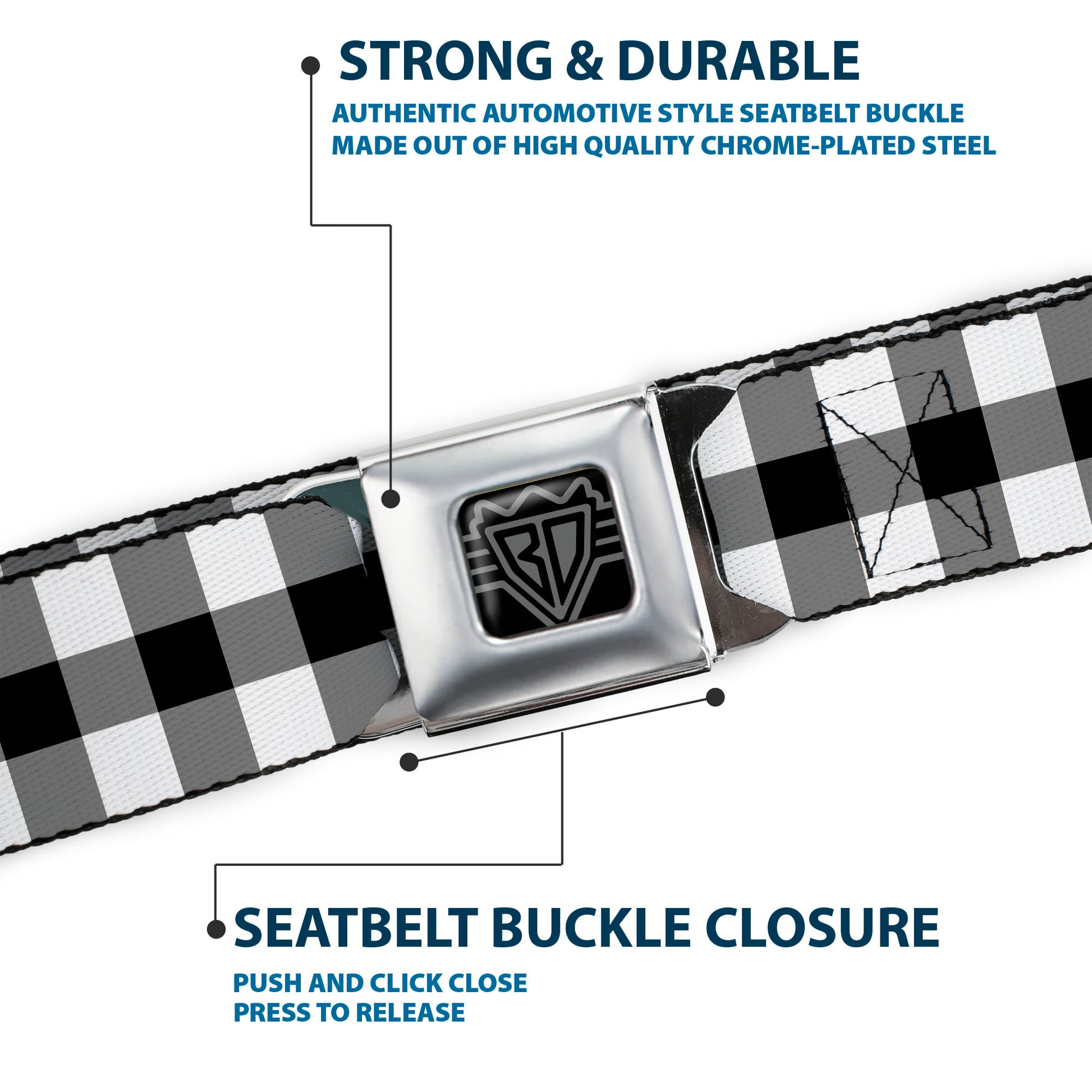 BD Wings Logo CLOSE-UP Full Color Black Silver Seatbelt Belt - Buffalo Plaid Black/White Webbing Seatbelt Belts Buckle-Down