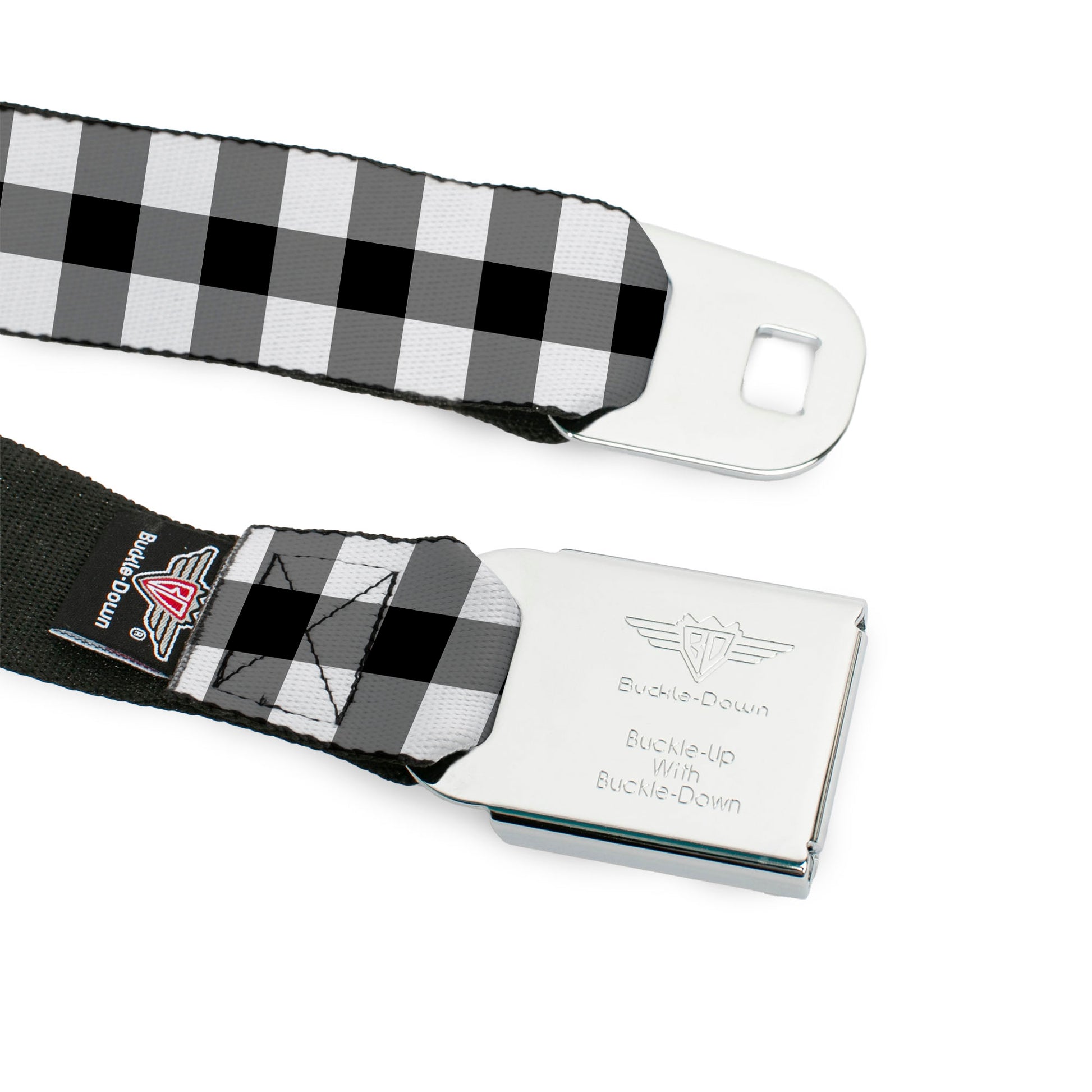 BD Wings Logo CLOSE-UP Full Color Black Silver Seatbelt Belt - Buffalo Plaid Black/White Webbing Seatbelt Belts Buckle-Down