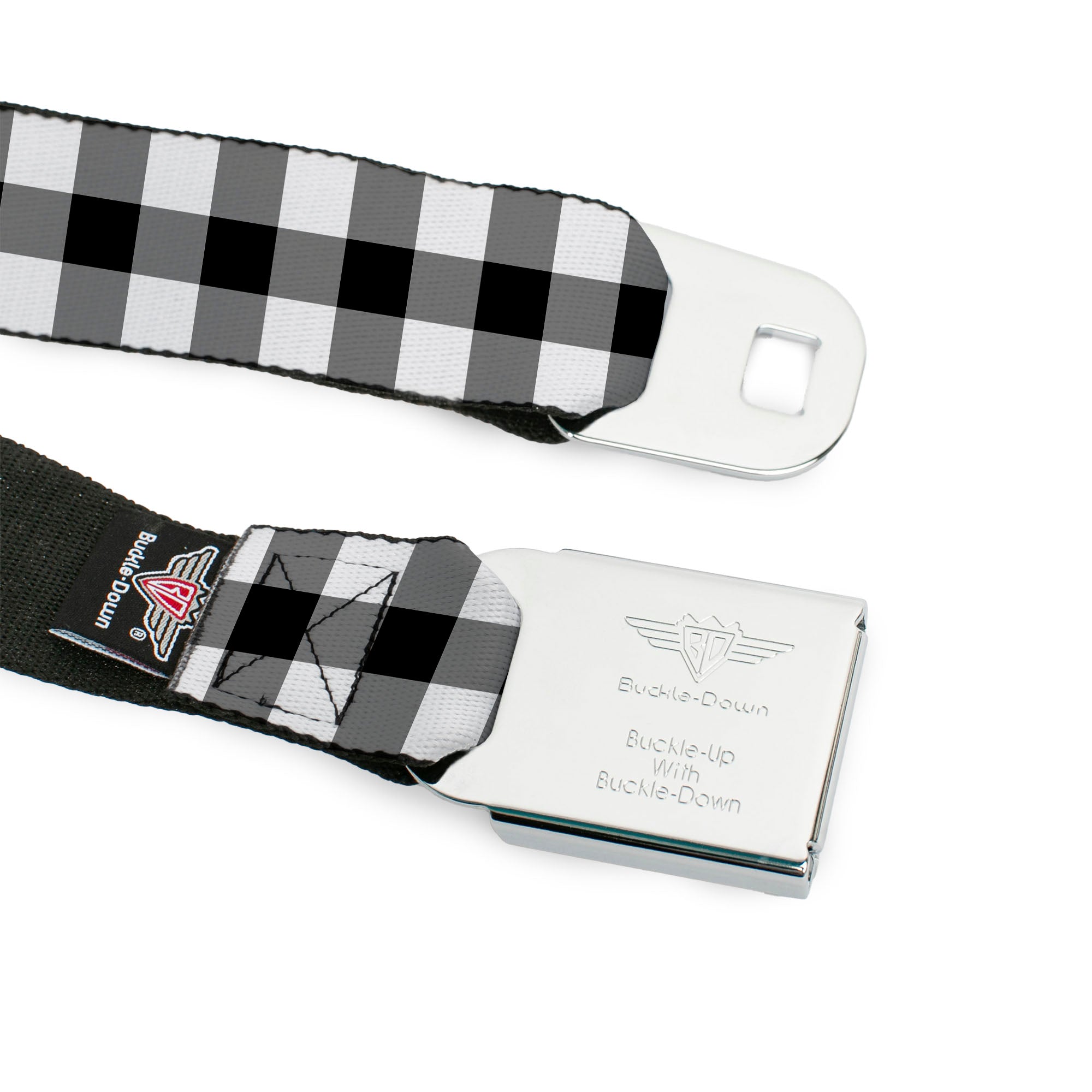 BD Wings Logo CLOSE-UP Full Color Black Silver Seatbelt Belt - Buffalo Plaid Black/White Webbing Seatbelt Belts Buckle-Down