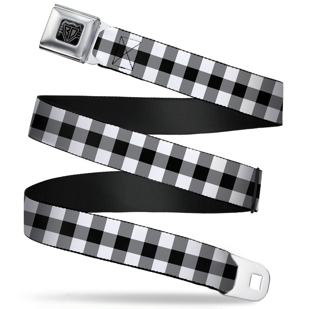 BD Wings Logo CLOSE-UP Full Color Black Silver Seatbelt Belt - Buffalo Plaid Black/White Webbing Seatbelt Belts Buckle-Down