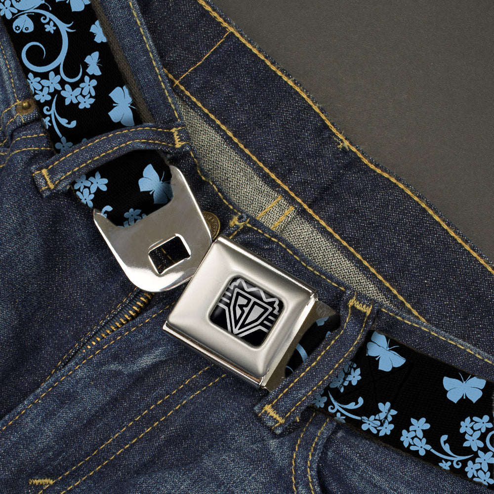 BD Wings Logo CLOSE-UP Full Color Black Silver Seatbelt Belt - Butterfly Garden Black/Blue Webbing Seatbelt Belts Buckle-Down