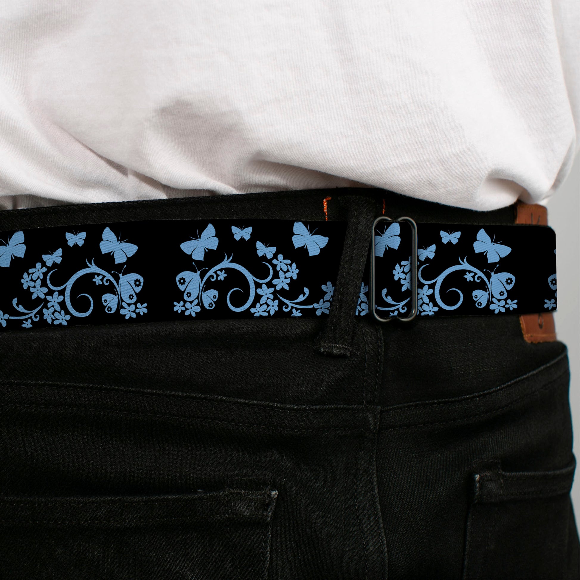 BD Wings Logo CLOSE-UP Full Color Black Silver Seatbelt Belt - Butterfly Garden Black/Blue Webbing Seatbelt Belts Buckle-Down
