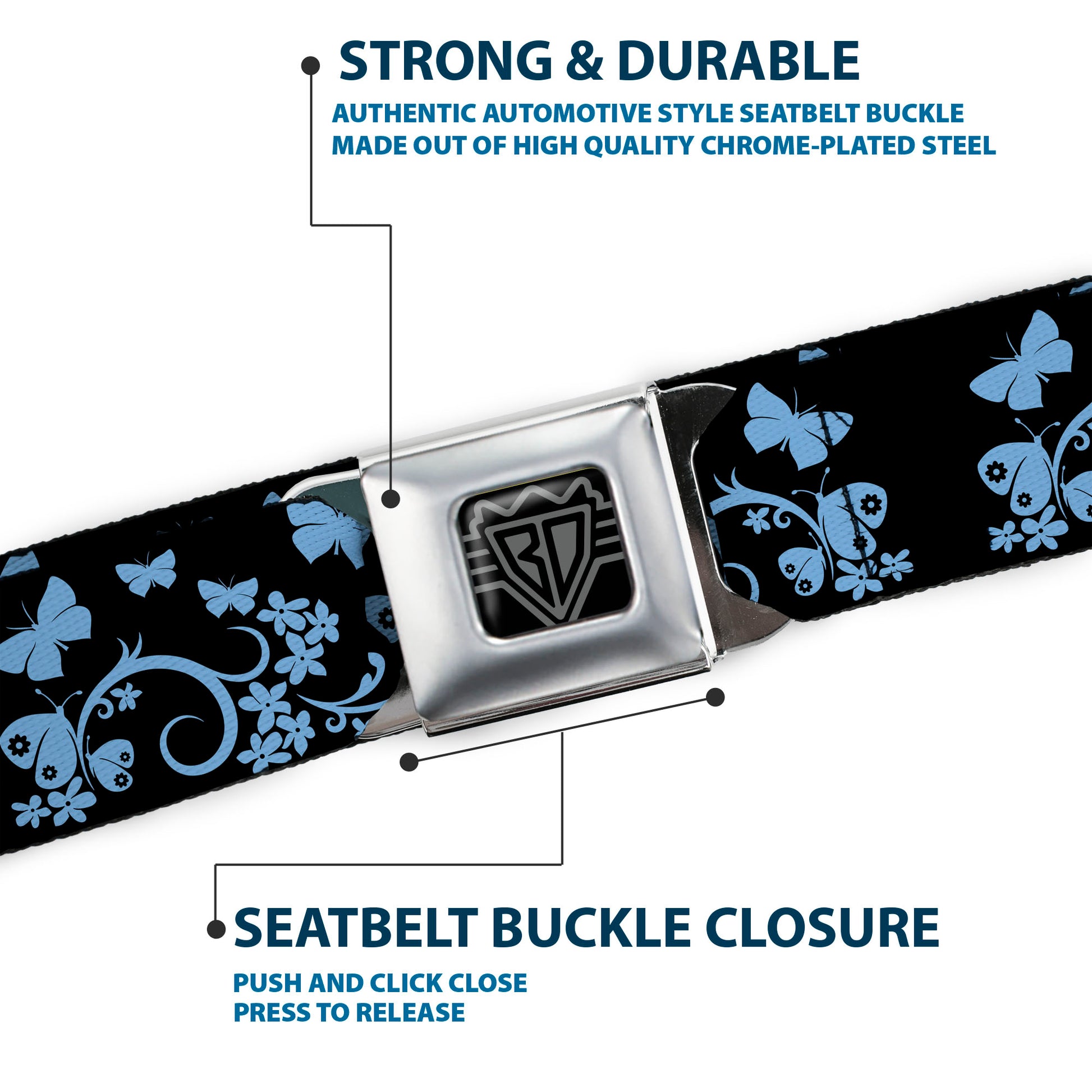 BD Wings Logo CLOSE-UP Full Color Black Silver Seatbelt Belt - Butterfly Garden Black/Blue Webbing Seatbelt Belts Buckle-Down
