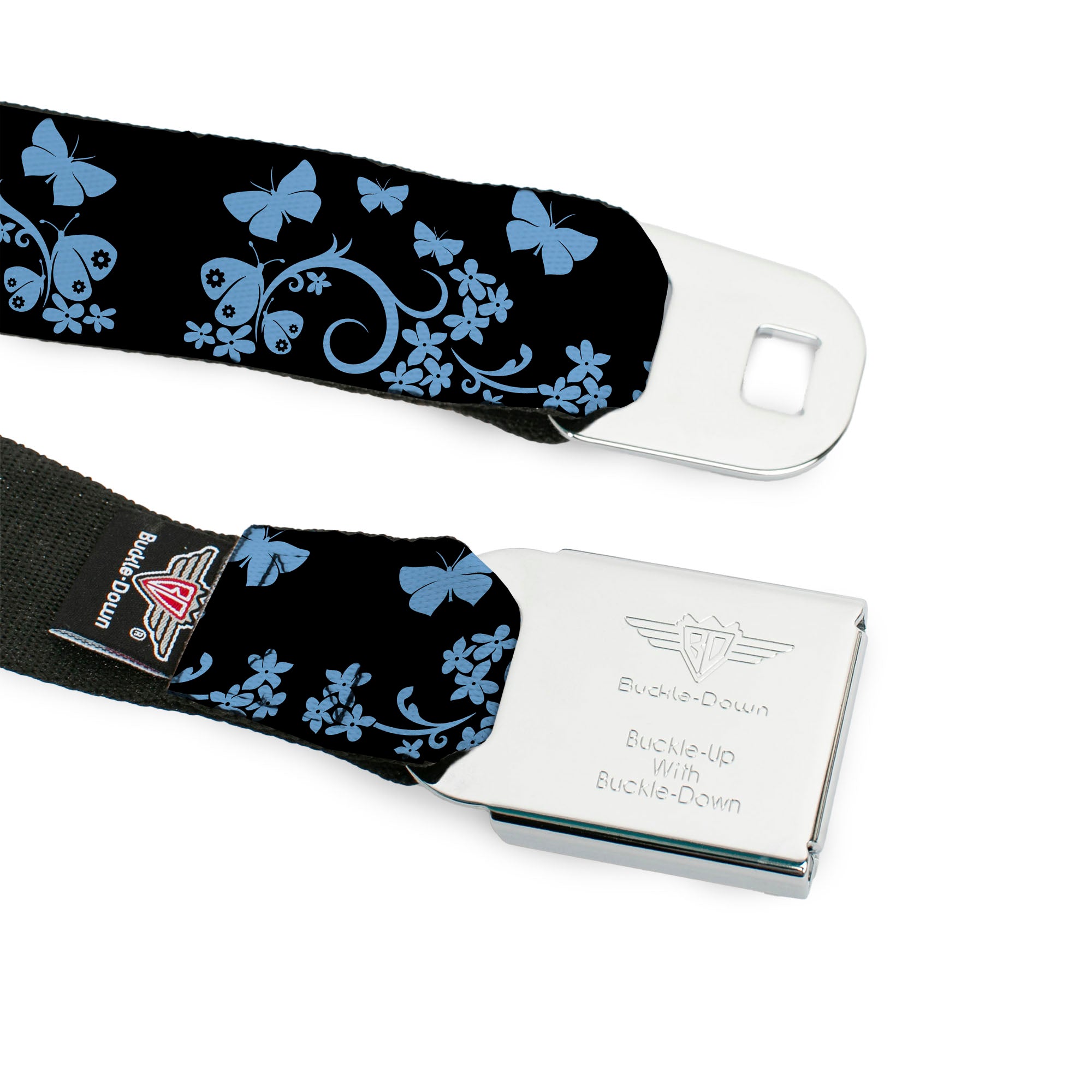 BD Wings Logo CLOSE-UP Full Color Black Silver Seatbelt Belt - Butterfly Garden Black/Blue Webbing Seatbelt Belts Buckle-Down