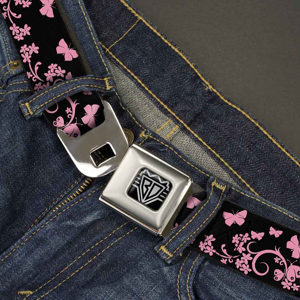 BD Wings Logo CLOSE-UP Full Color Black Silver Seatbelt Belt - Butterfly Garden Black/Pink Webbing Seatbelt Belts Buckle-Down