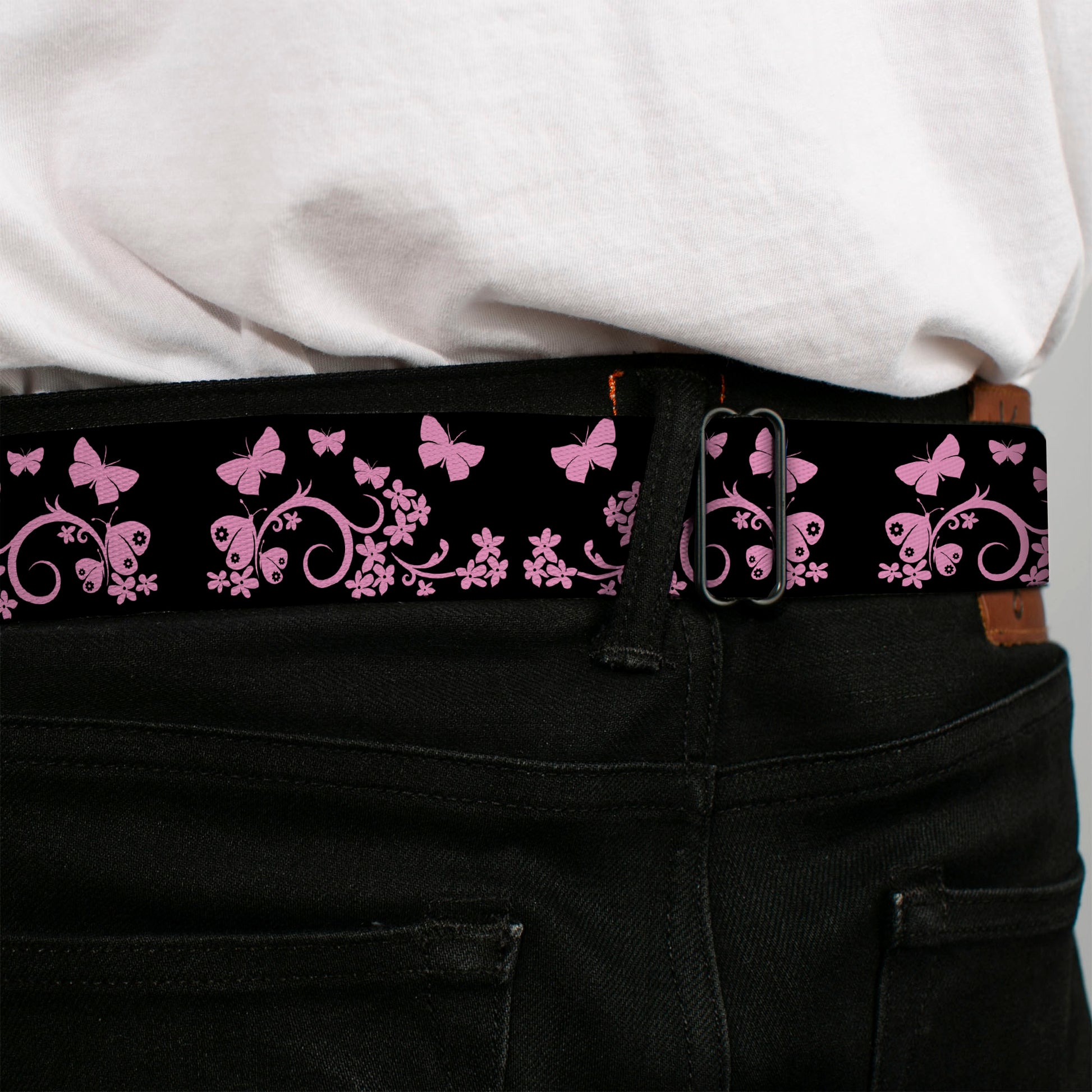 BD Wings Logo CLOSE-UP Full Color Black Silver Seatbelt Belt - Butterfly Garden Black/Pink Webbing Seatbelt Belts Buckle-Down