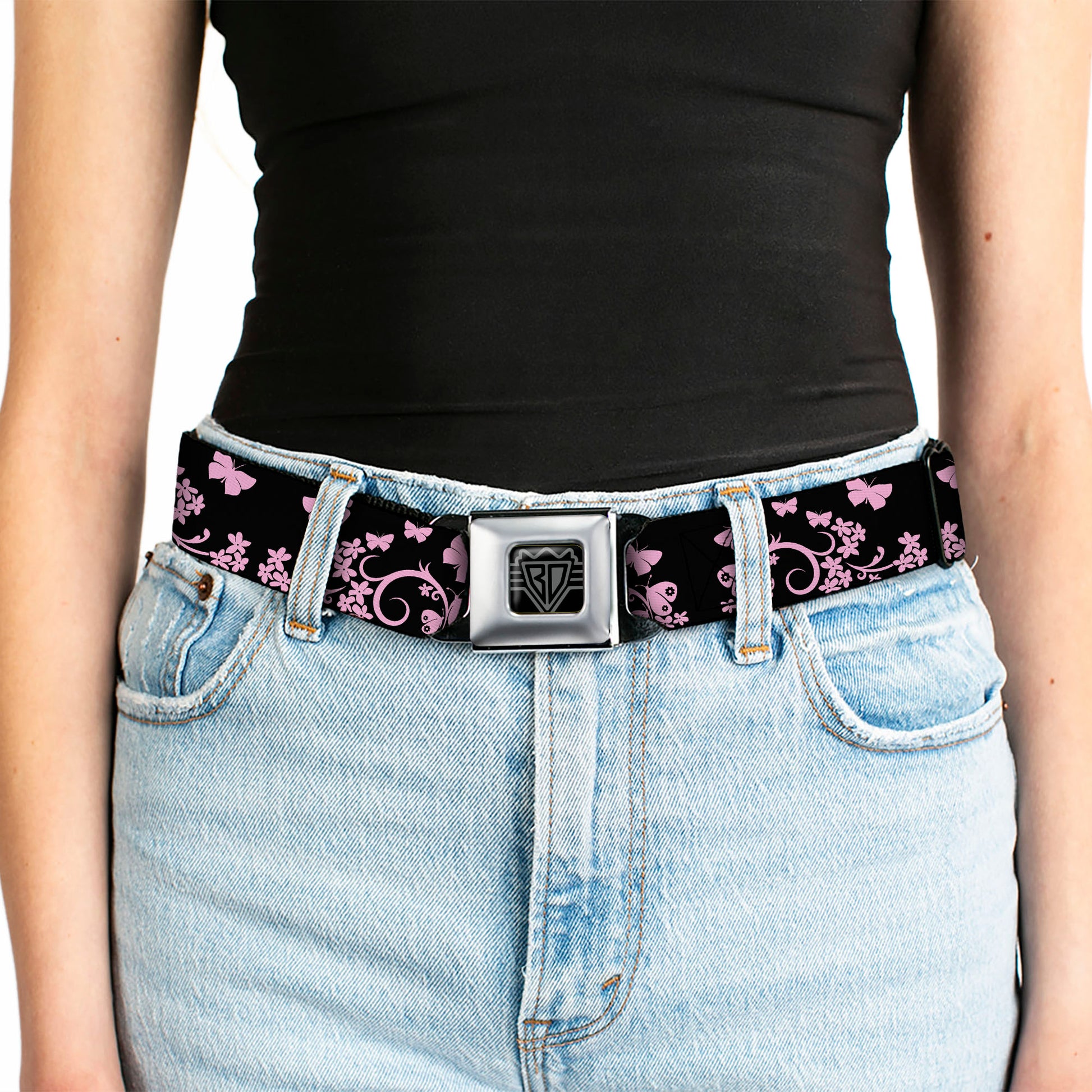 BD Wings Logo CLOSE-UP Full Color Black Silver Seatbelt Belt - Butterfly Garden Black/Pink Webbing Seatbelt Belts Buckle-Down