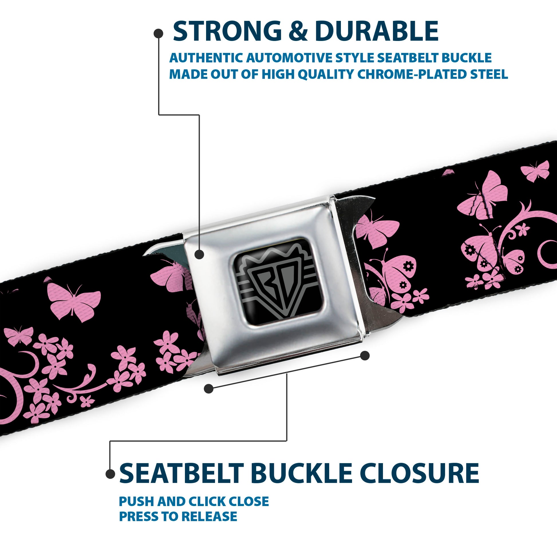 BD Wings Logo CLOSE-UP Full Color Black Silver Seatbelt Belt - Butterfly Garden Black/Pink Webbing Seatbelt Belts Buckle-Down
