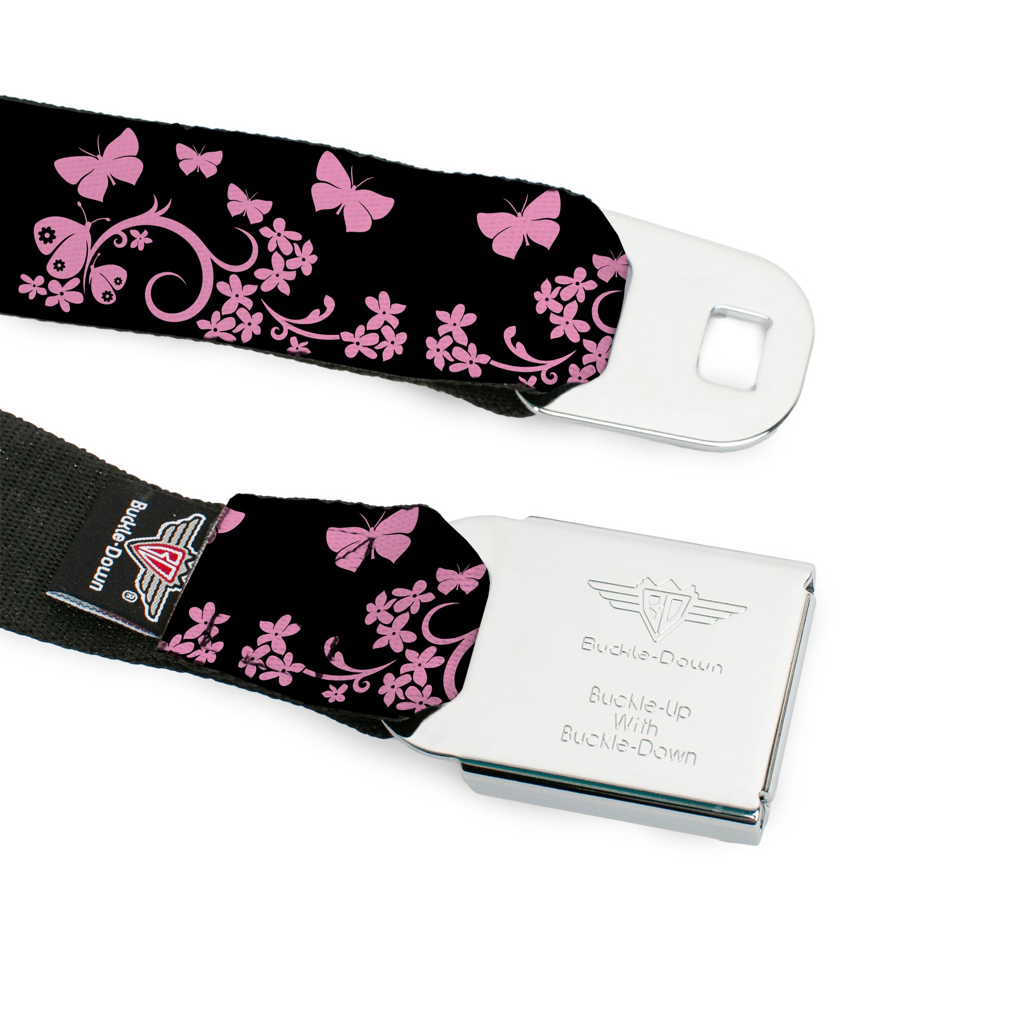 BD Wings Logo CLOSE-UP Full Color Black Silver Seatbelt Belt - Butterfly Garden Black/Pink Webbing Seatbelt Belts Buckle-Down