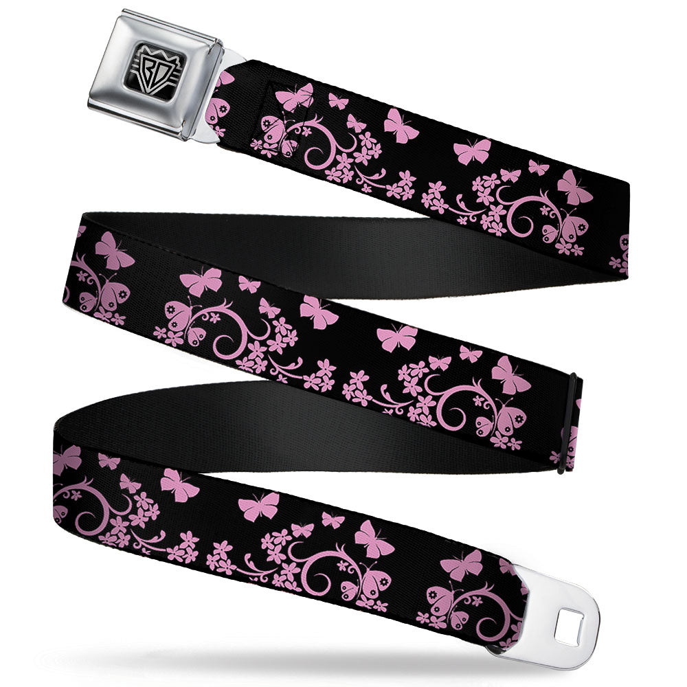 BD Wings Logo CLOSE-UP Full Color Black Silver Seatbelt Belt - Butterfly Garden Black/Pink Webbing Seatbelt Belts Buckle-Down