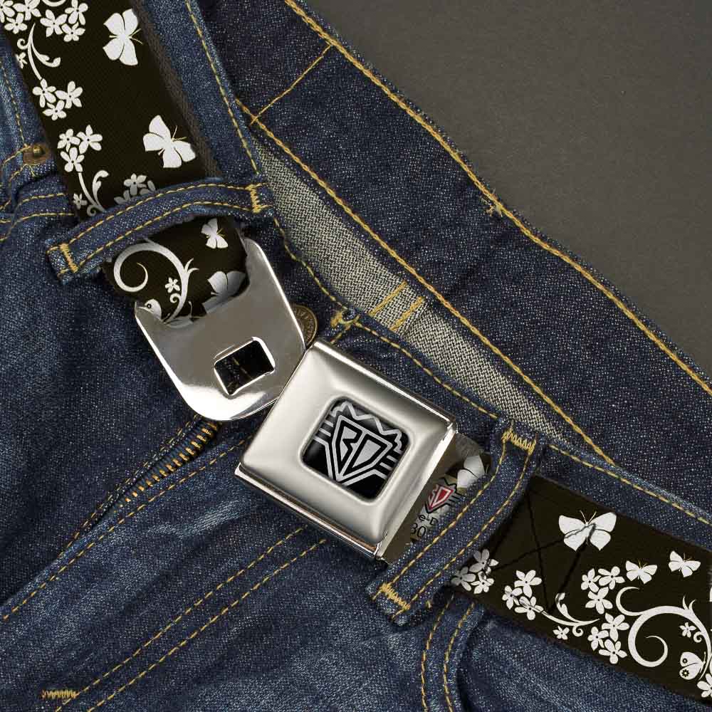 BD Wings Logo CLOSE-UP Full Color Black Silver Seatbelt Belt - Butterfly Garden Black/White Webbing Seatbelt Belts Buckle-Down