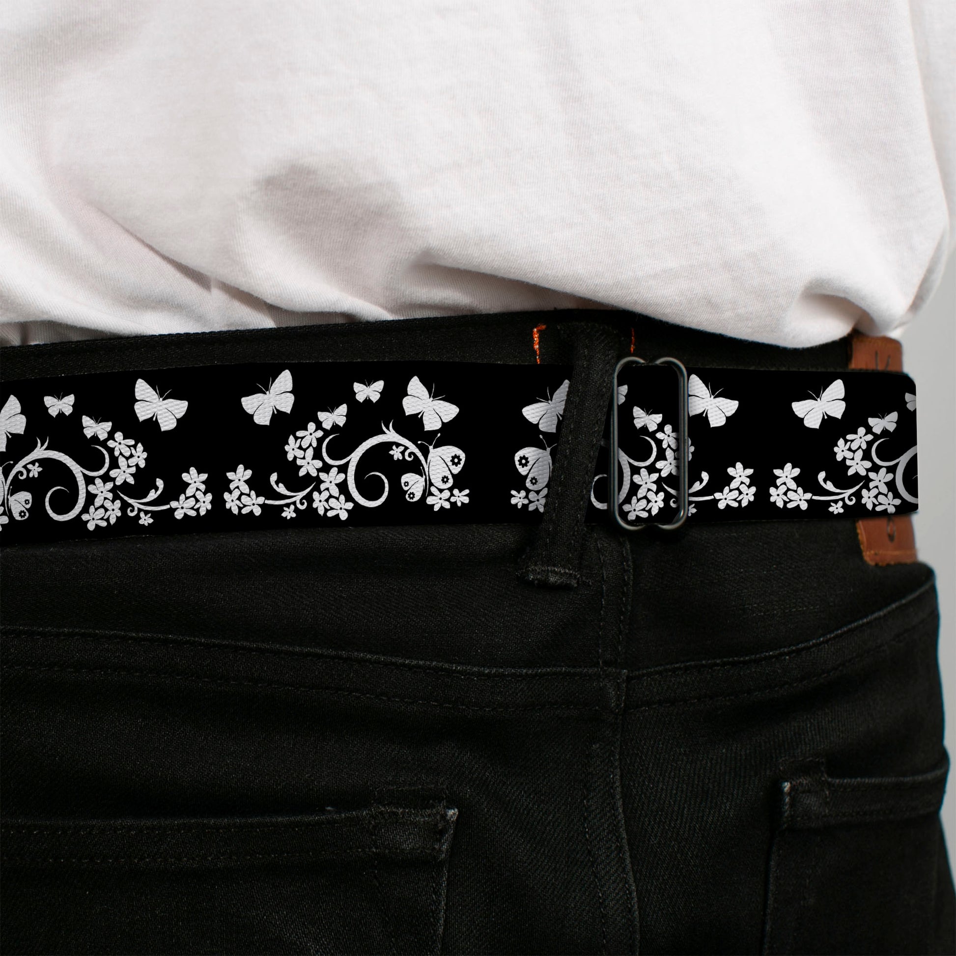 BD Wings Logo CLOSE-UP Full Color Black Silver Seatbelt Belt - Butterfly Garden Black/White Webbing Seatbelt Belts Buckle-Down