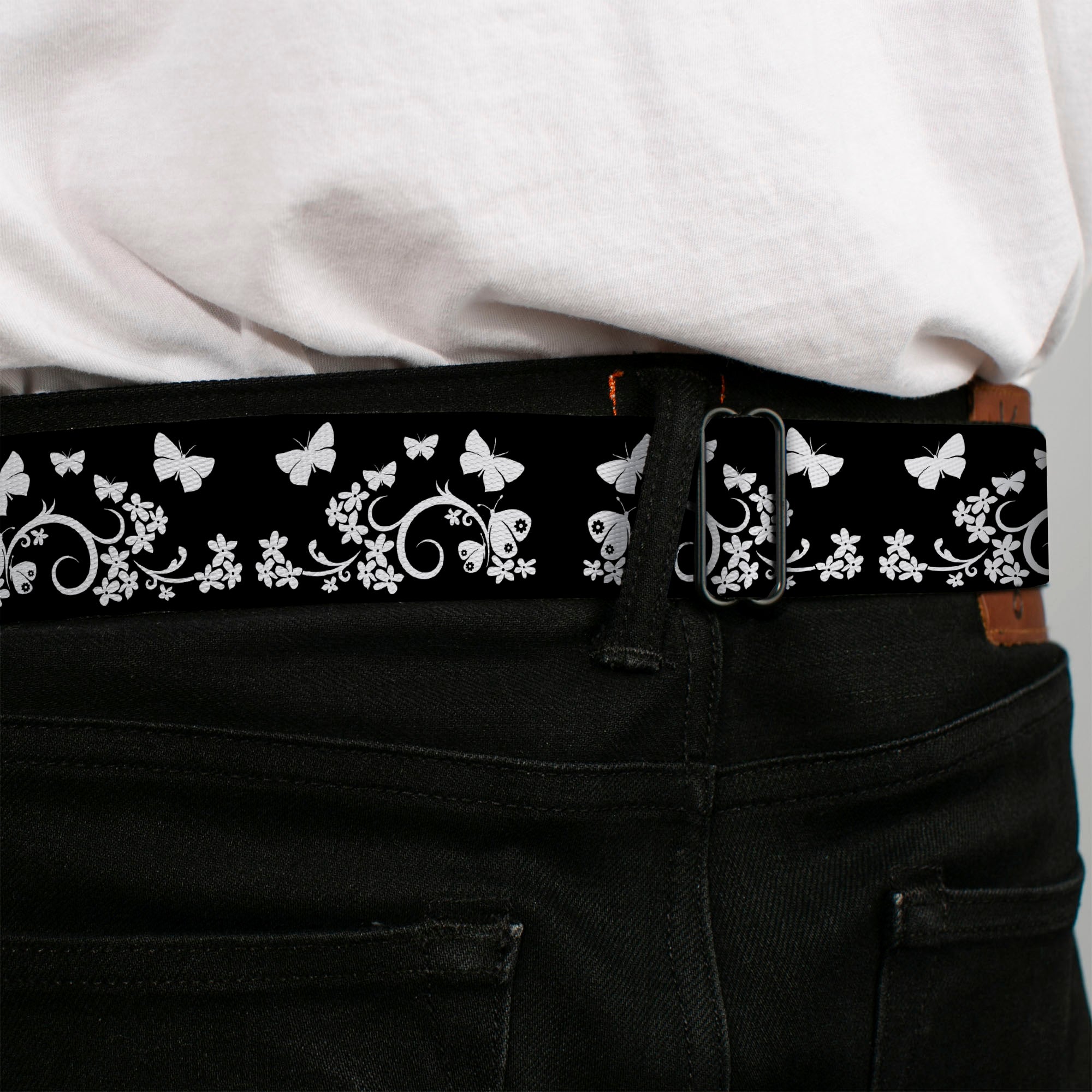 BD Wings Logo CLOSE-UP Full Color Black Silver Seatbelt Belt - Butterfly Garden Black/White Webbing Seatbelt Belts Buckle-Down