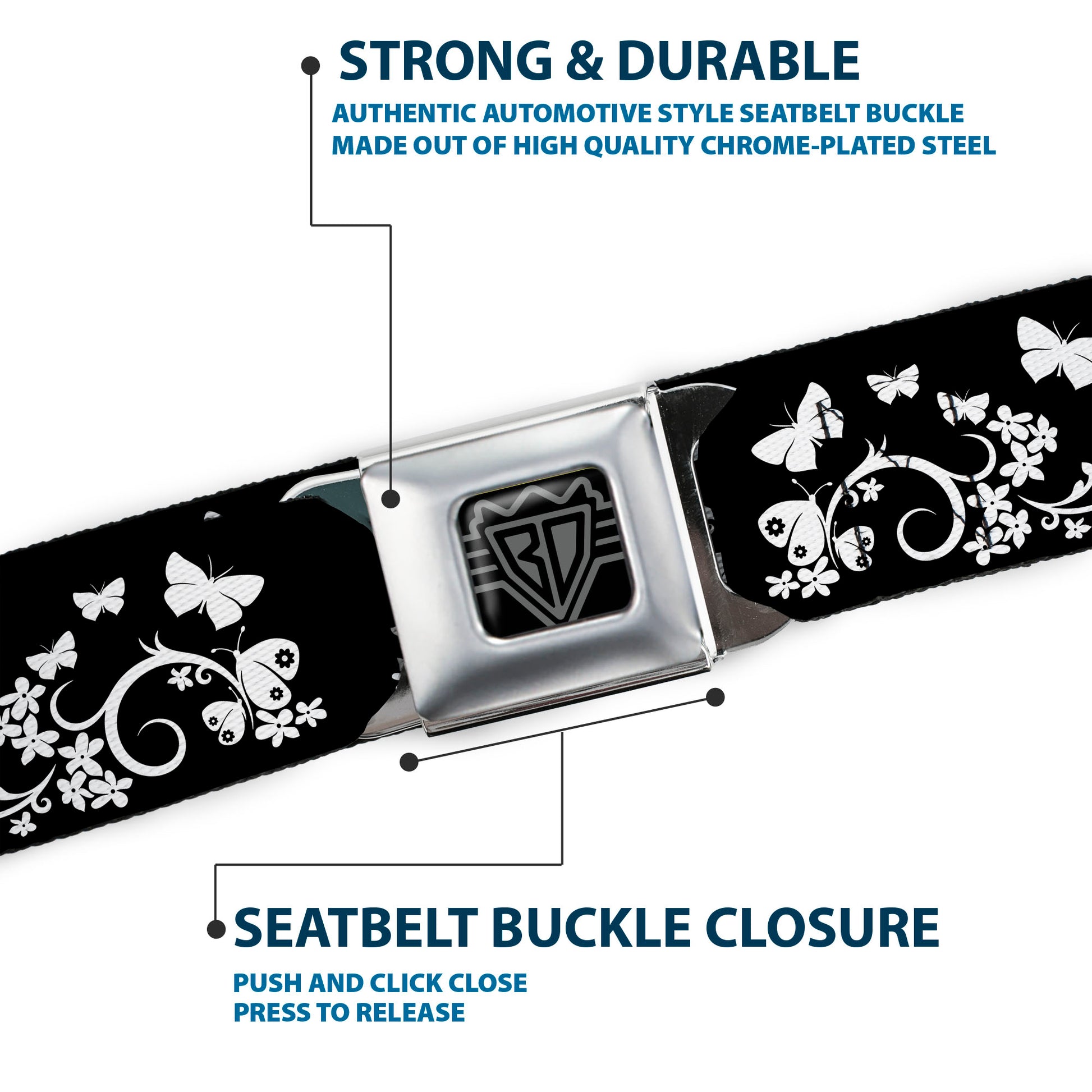 BD Wings Logo CLOSE-UP Full Color Black Silver Seatbelt Belt - Butterfly Garden Black/White Webbing Seatbelt Belts Buckle-Down