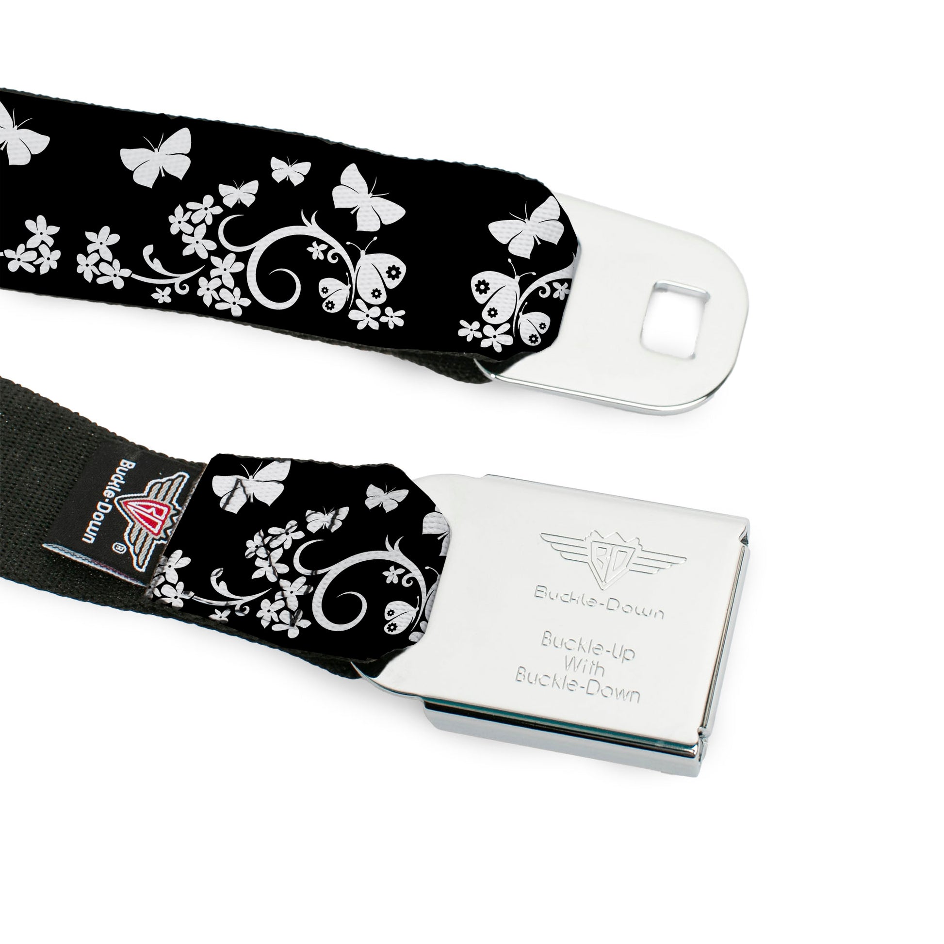 BD Wings Logo CLOSE-UP Full Color Black Silver Seatbelt Belt - Butterfly Garden Black/White Webbing Seatbelt Belts Buckle-Down