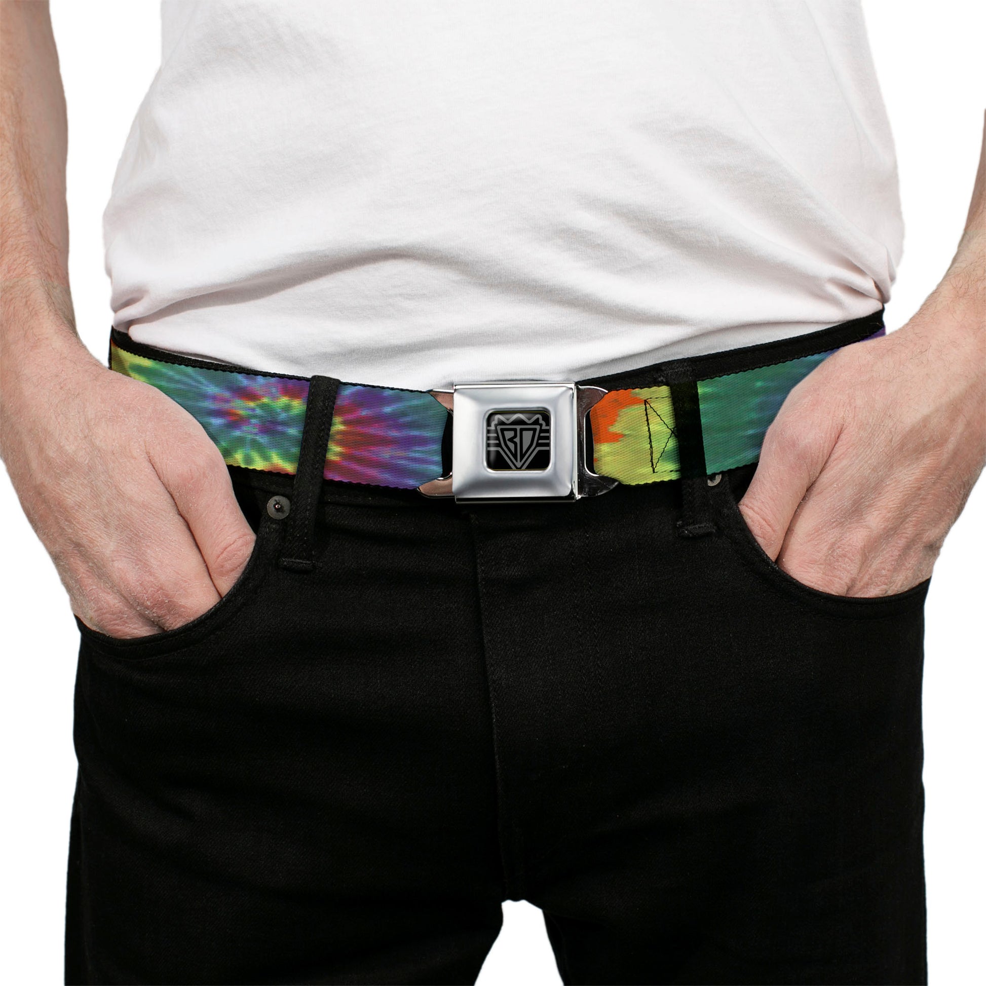 BD Wings Logo CLOSE-UP Full Color Black Silver Seatbelt Belt - BD Tie Dye Webbing Seatbelt Belts Buckle-Down