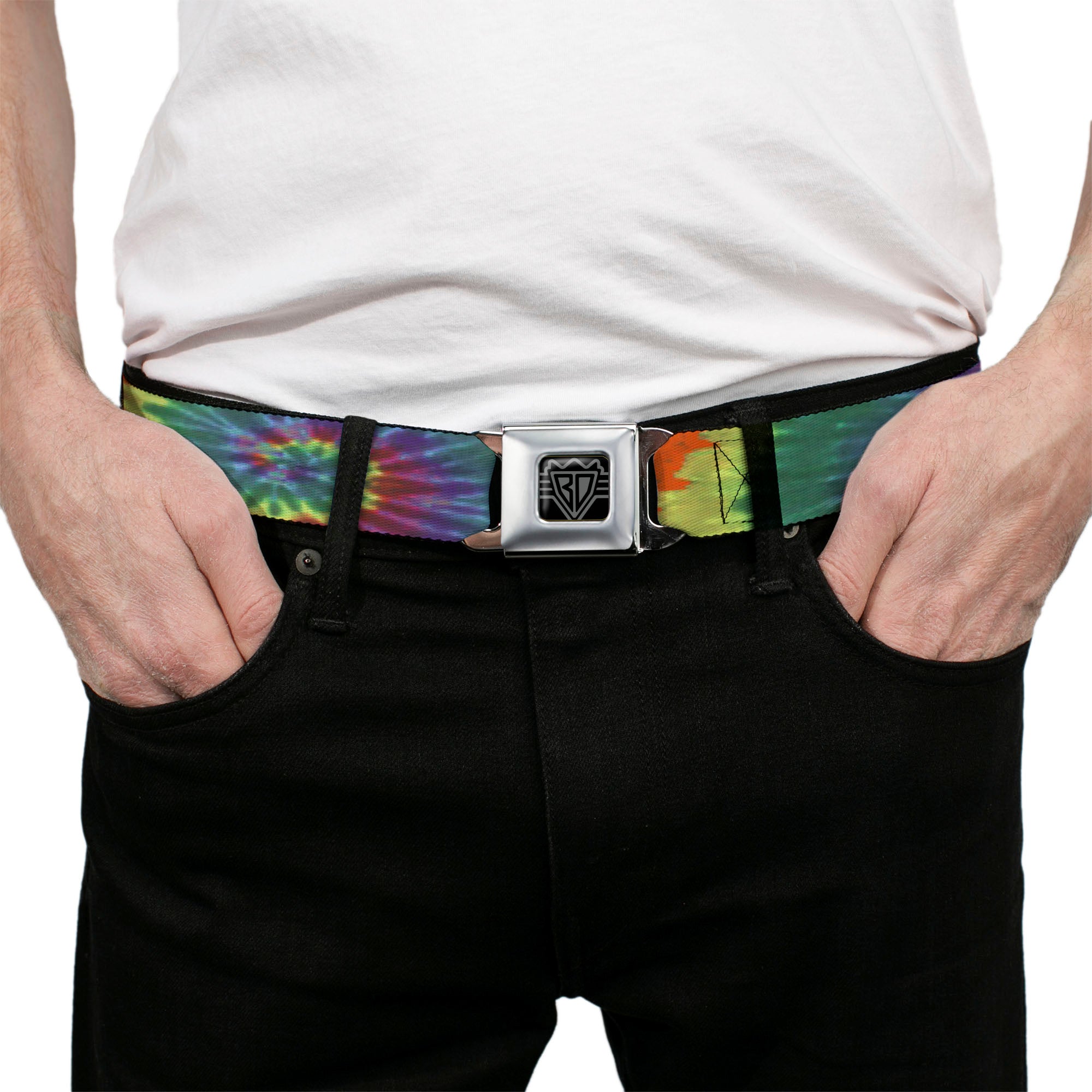 BD Wings Logo CLOSE-UP Full Color Black Silver Seatbelt Belt - BD Tie Dye Webbing Seatbelt Belts Buckle-Down