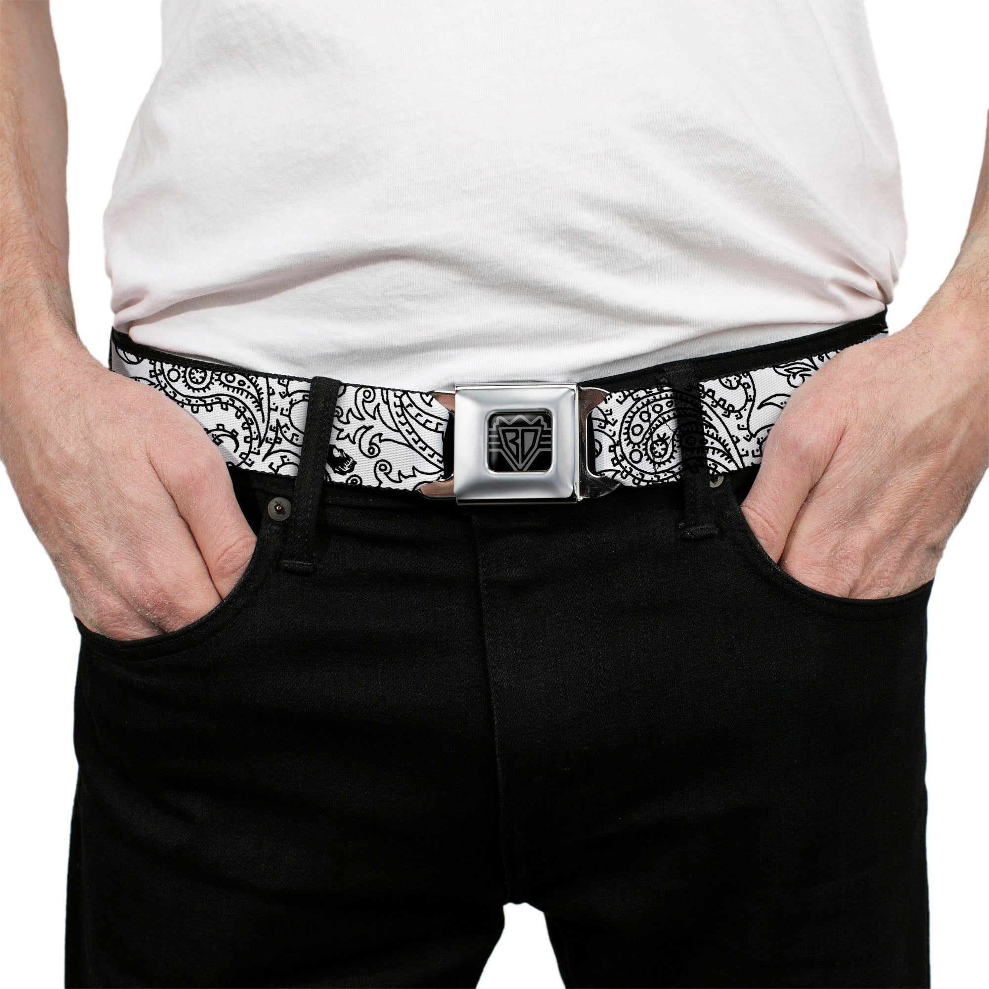 BD Wings Logo CLOSE-UP Full Color Black Silver Seatbelt Belt - Bandana/Skulls White/Black Webbing Seatbelt Belts Buckle-Down