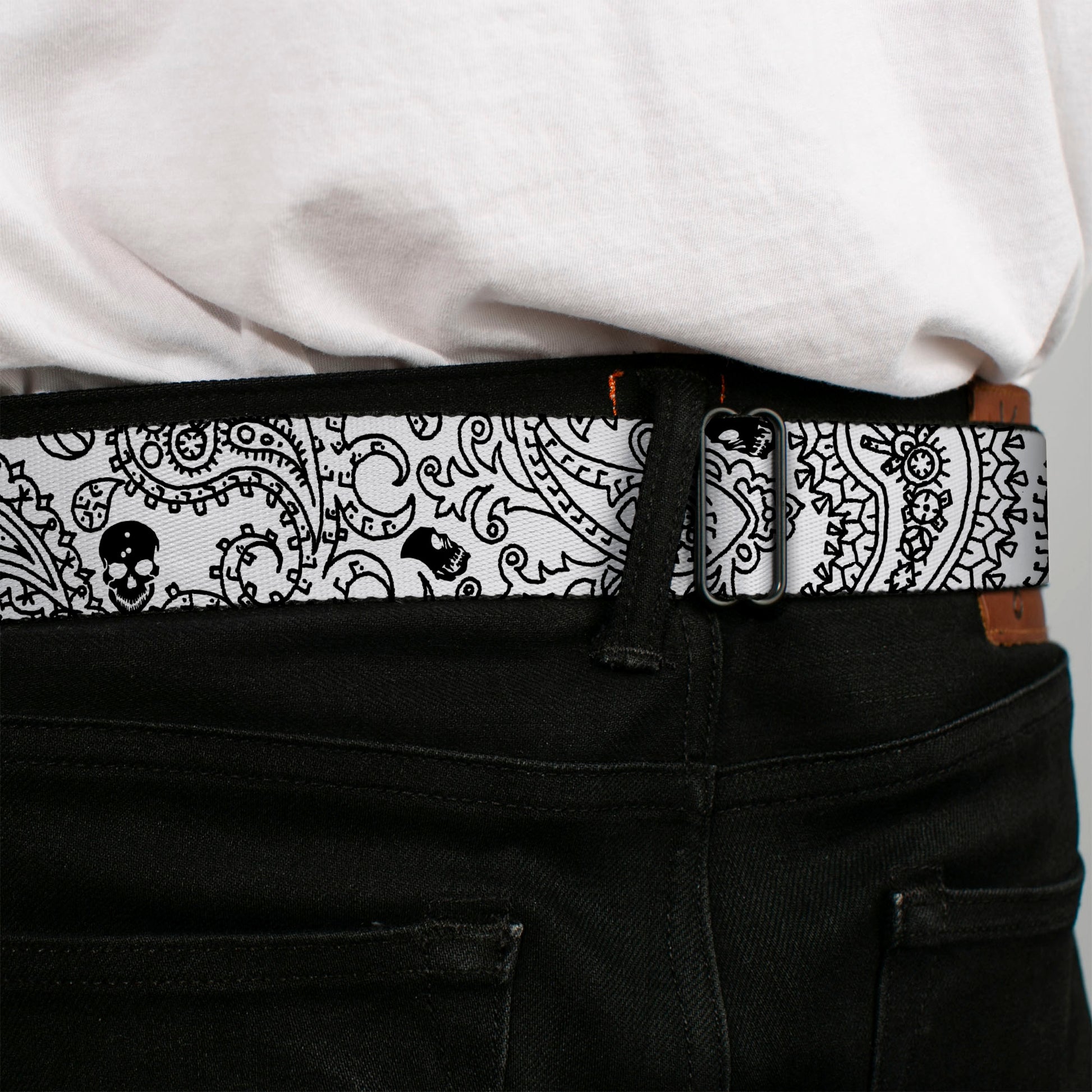 BD Wings Logo CLOSE-UP Full Color Black Silver Seatbelt Belt - Bandana/Skulls White/Black Webbing Seatbelt Belts Buckle-Down