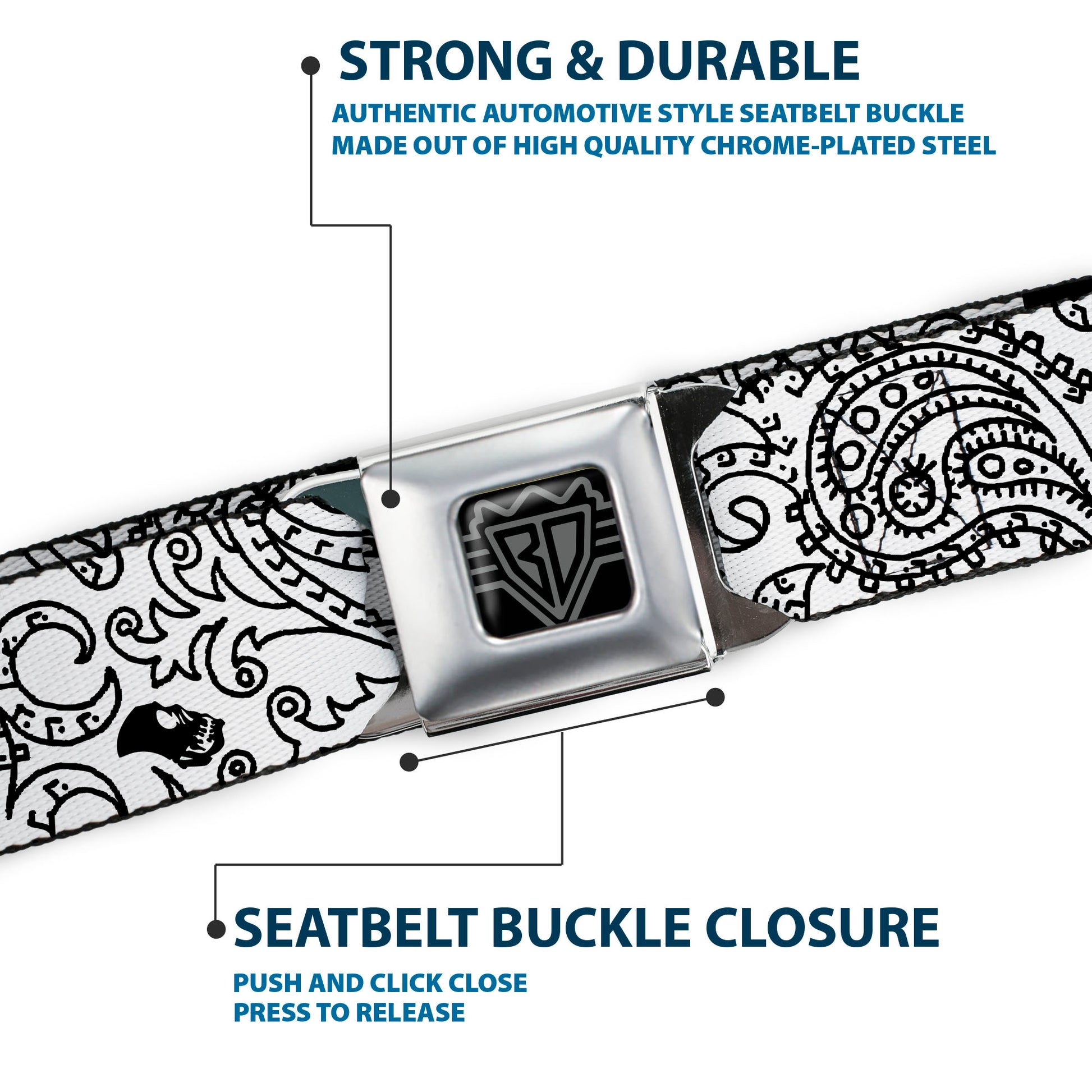 BD Wings Logo CLOSE-UP Full Color Black Silver Seatbelt Belt - Bandana/Skulls White/Black Webbing Seatbelt Belts Buckle-Down