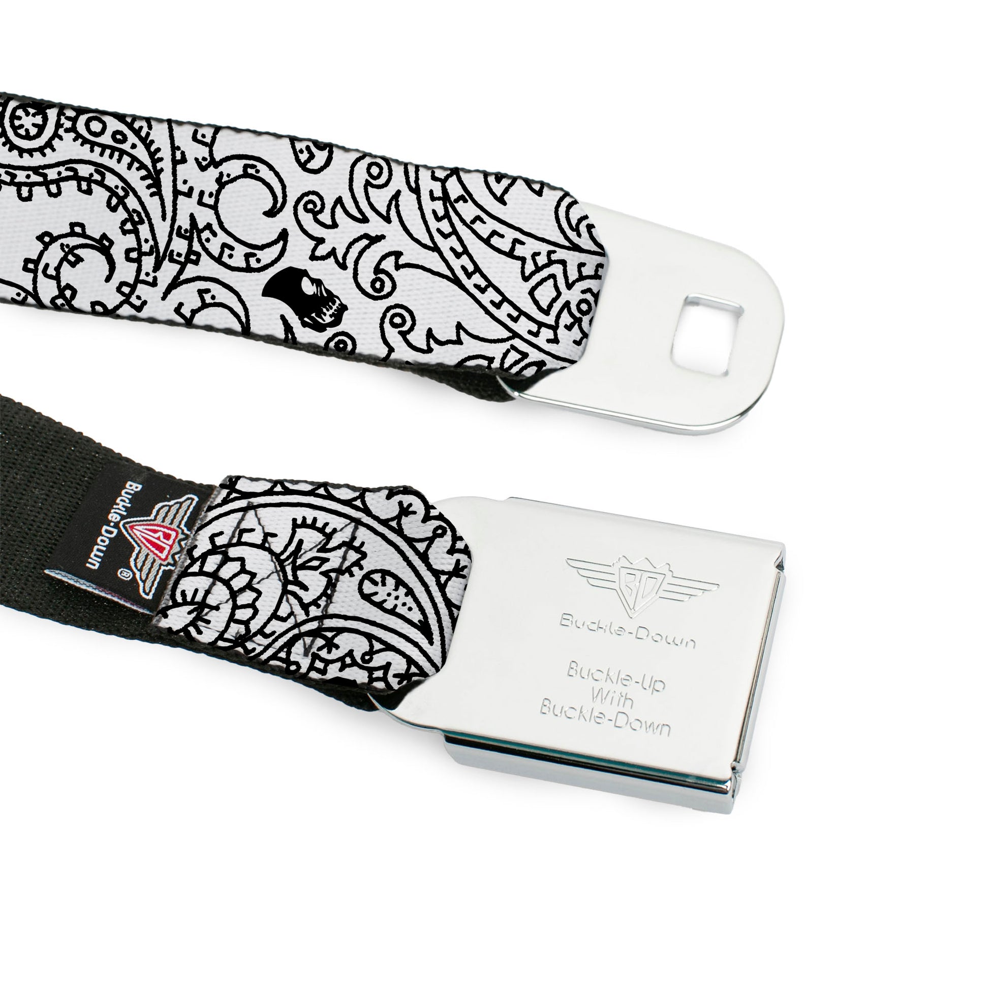 BD Wings Logo CLOSE-UP Full Color Black Silver Seatbelt Belt - Bandana/Skulls White/Black Webbing Seatbelt Belts Buckle-Down