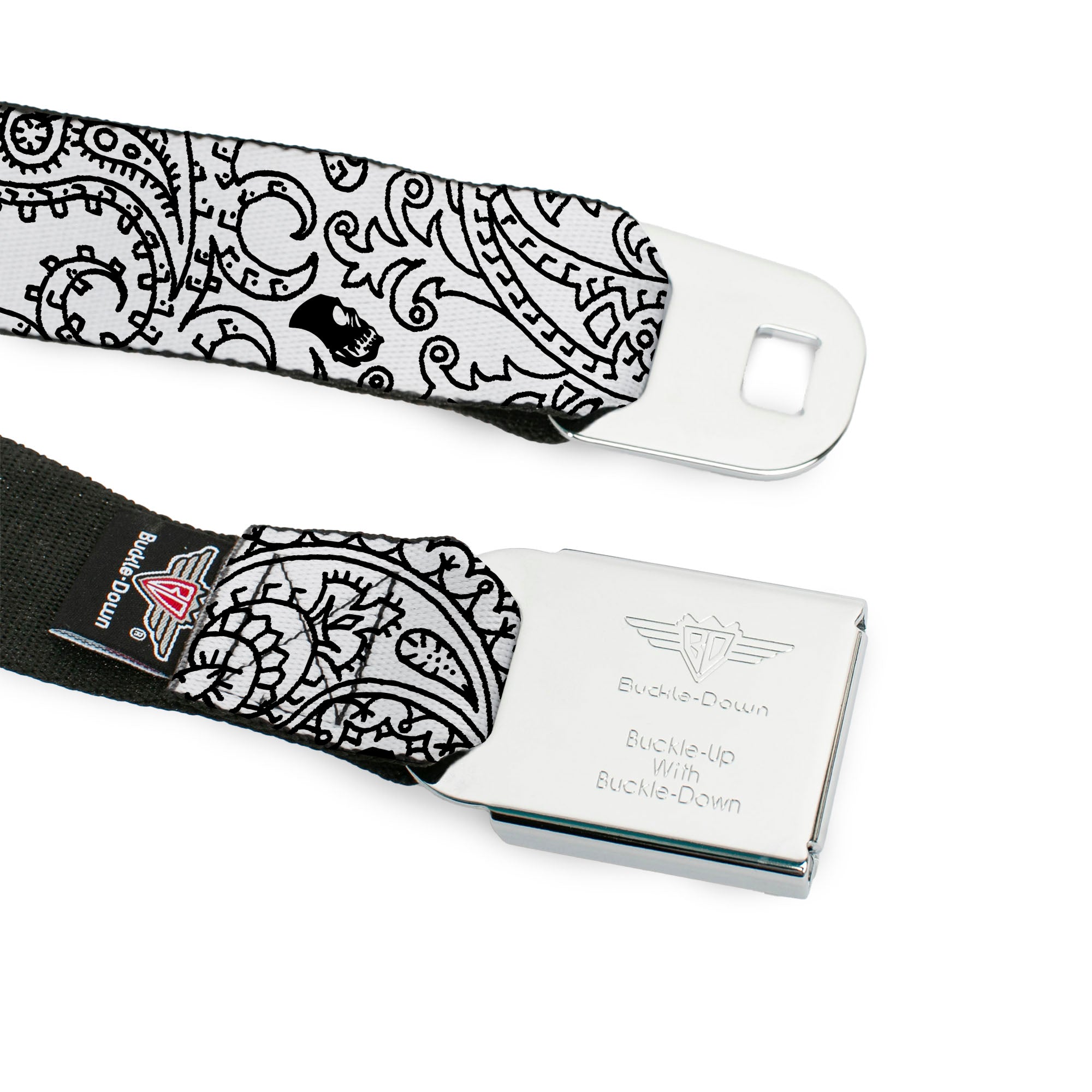 BD Wings Logo CLOSE-UP Full Color Black Silver Seatbelt Belt - Bandana/Skulls White/Black Webbing Seatbelt Belts Buckle-Down