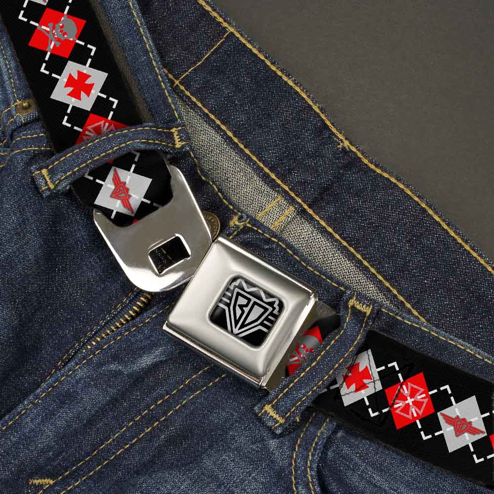 BD Wings Logo CLOSE-UP Full Color Black Silver Seatbelt Belt - BD Argyle Black/Red/Gray Webbing Seatbelt Belts Buckle-Down