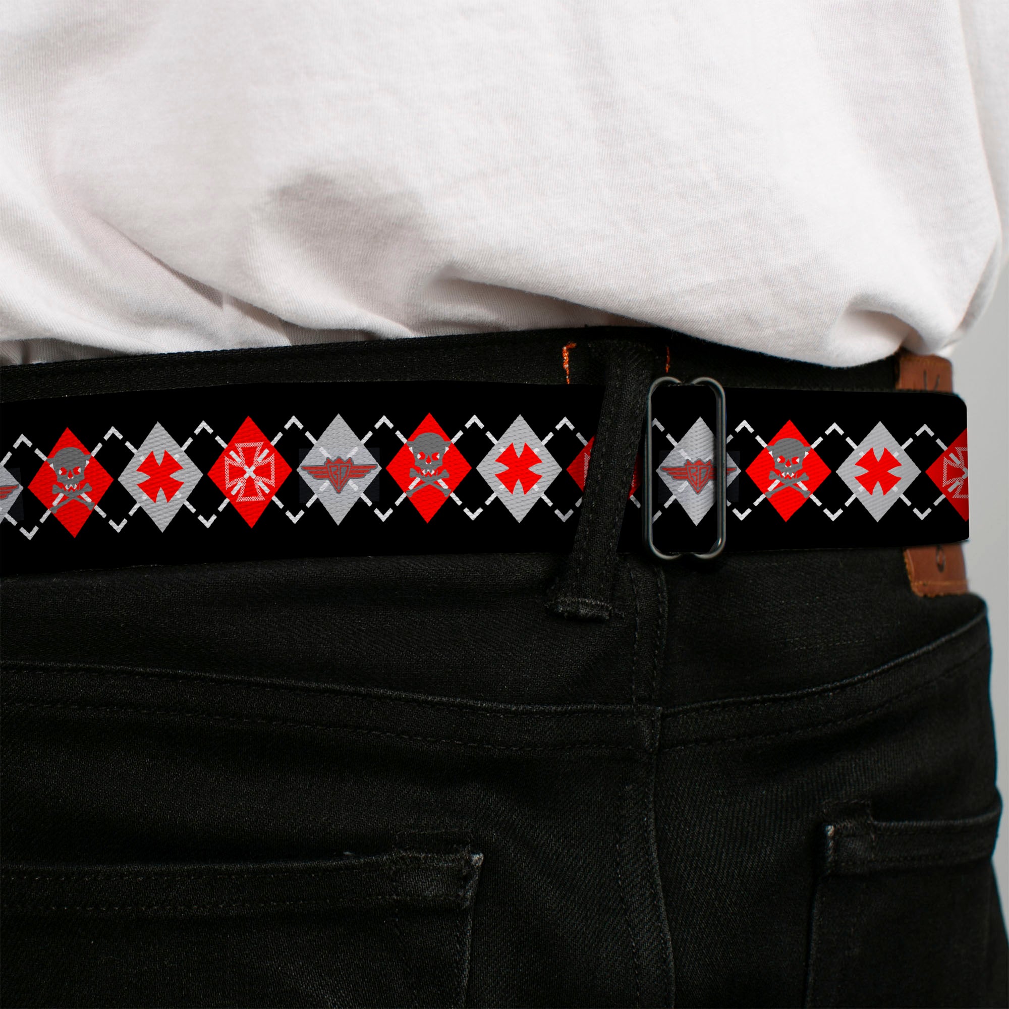 BD Wings Logo CLOSE-UP Full Color Black Silver Seatbelt Belt - BD Argyle Black/Red/Gray Webbing Seatbelt Belts Buckle-Down