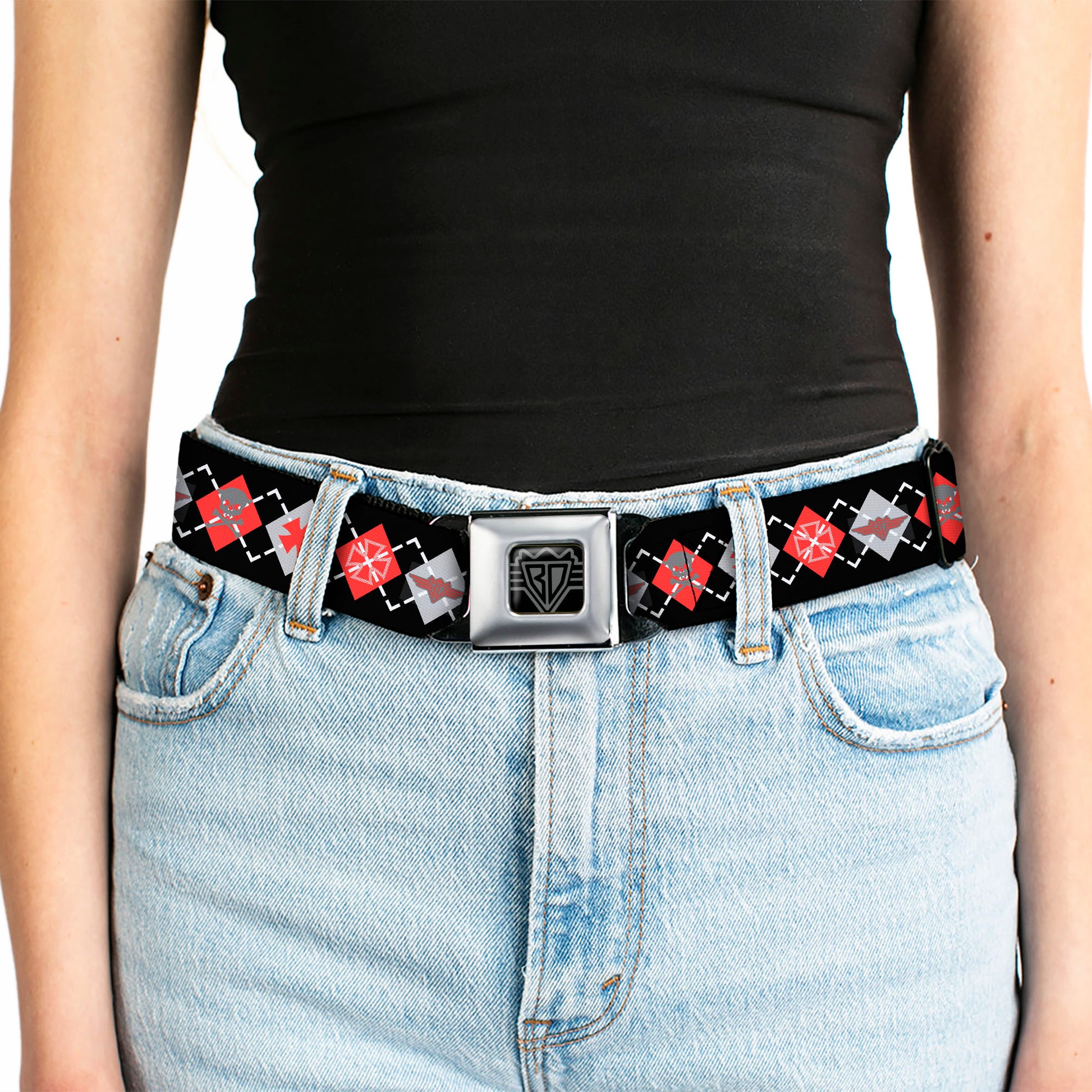 BD Wings Logo CLOSE-UP Full Color Black Silver Seatbelt Belt - BD Argyle Black/Red/Gray Webbing Seatbelt Belts Buckle-Down