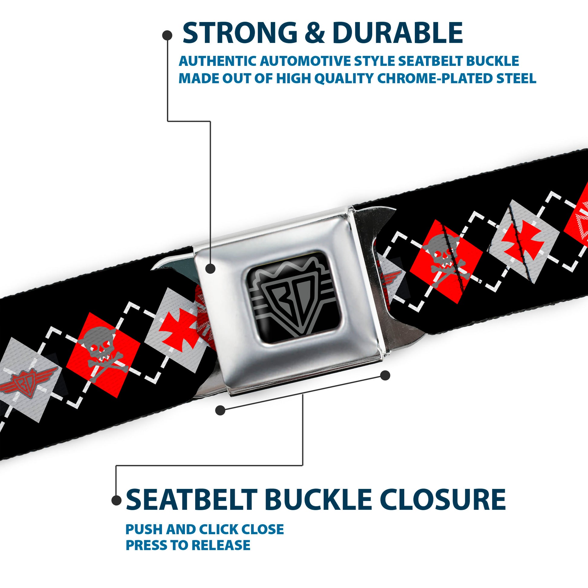 BD Wings Logo CLOSE-UP Full Color Black Silver Seatbelt Belt - BD Argyle Black/Red/Gray Webbing Seatbelt Belts Buckle-Down