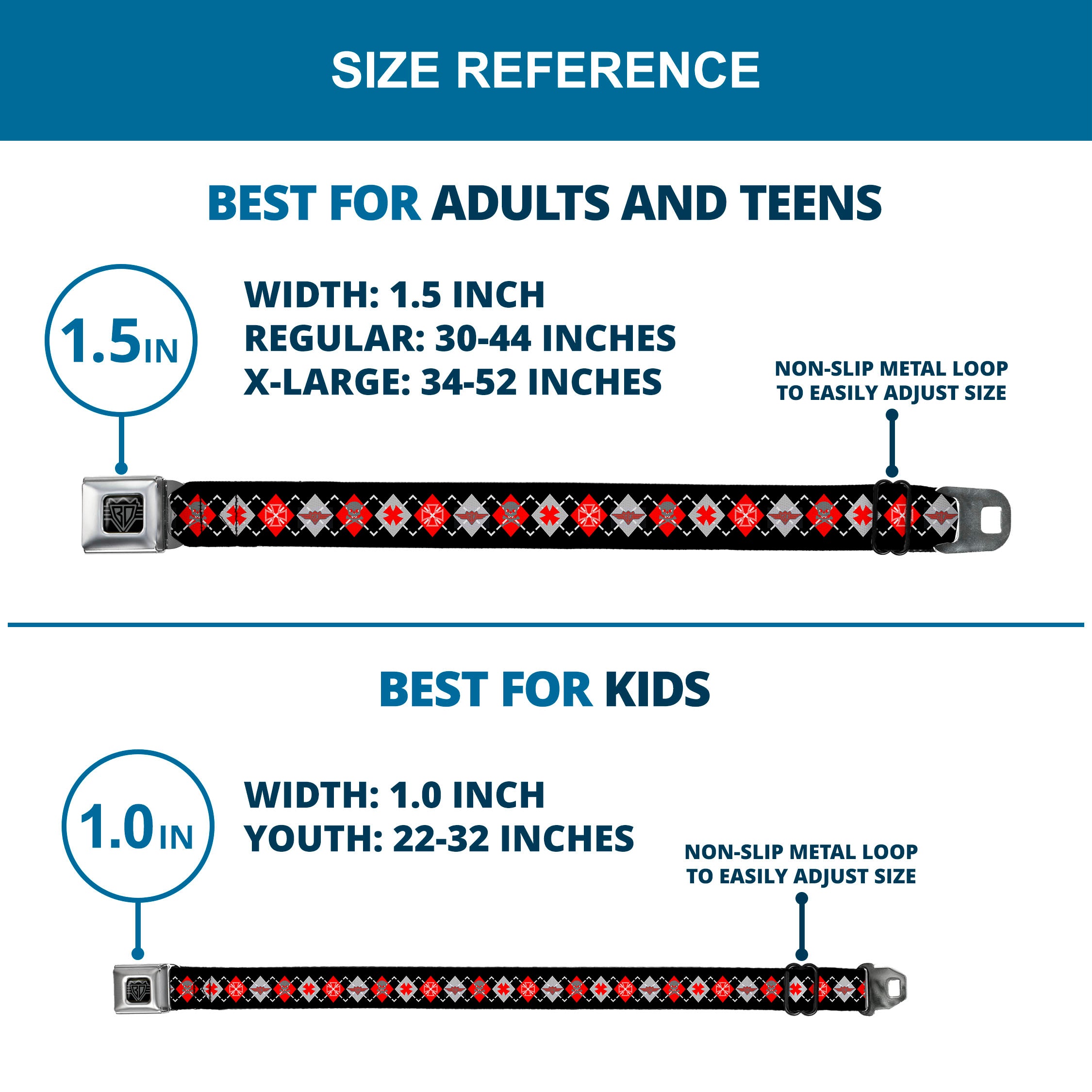 BD Wings Logo CLOSE-UP Full Color Black Silver Seatbelt Belt - BD Argyle Black/Red/Gray Webbing Seatbelt Belts Buckle-Down